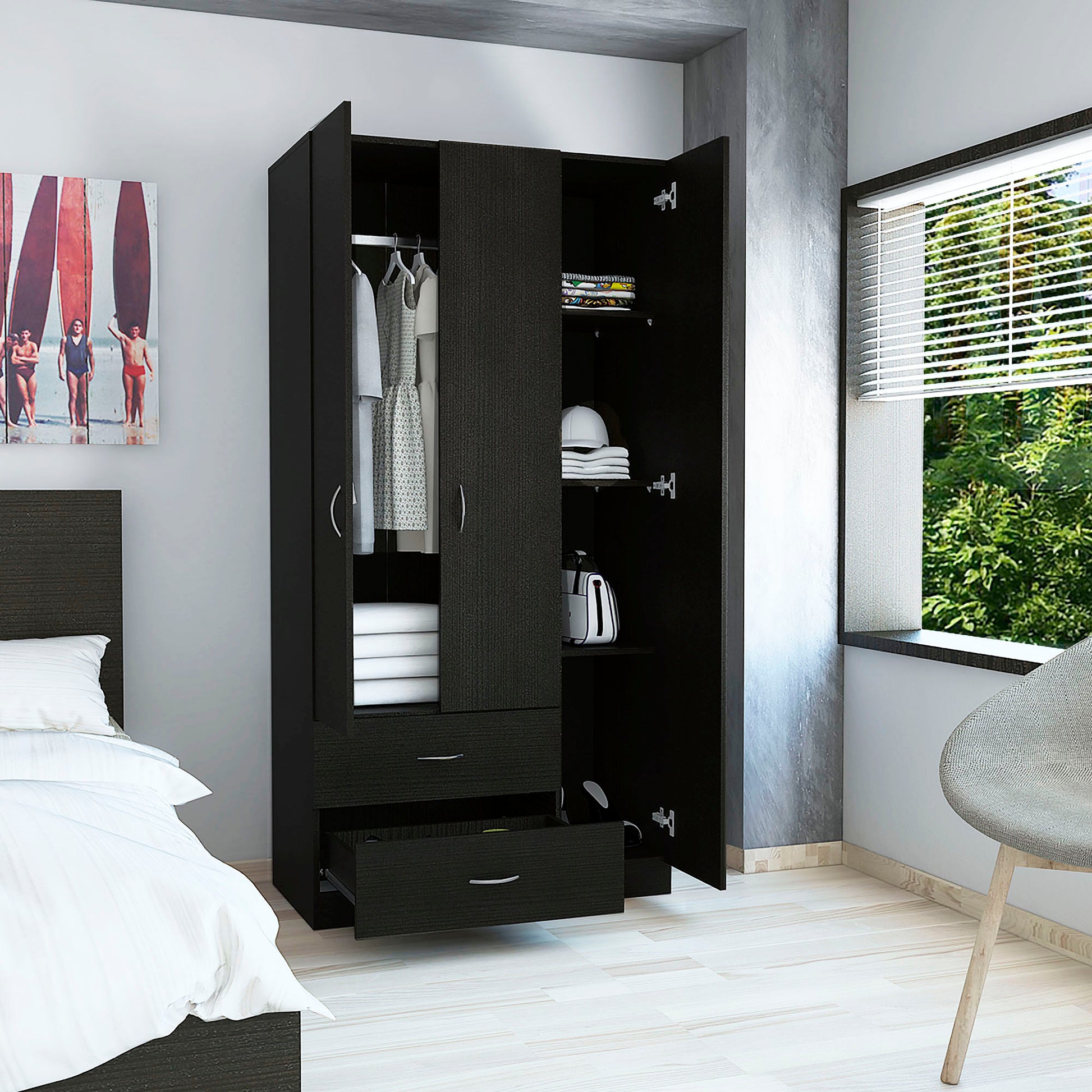 Austral 3 Door Armoire With Two Drawers, Shelves, And Hanging Rod Black Black Particle Board