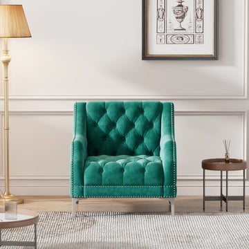 33.5" Modern Sofa Dutch Plush Upholstered Sofa With Metal Legs, Button Tufted Back Green Green Foam Polyester