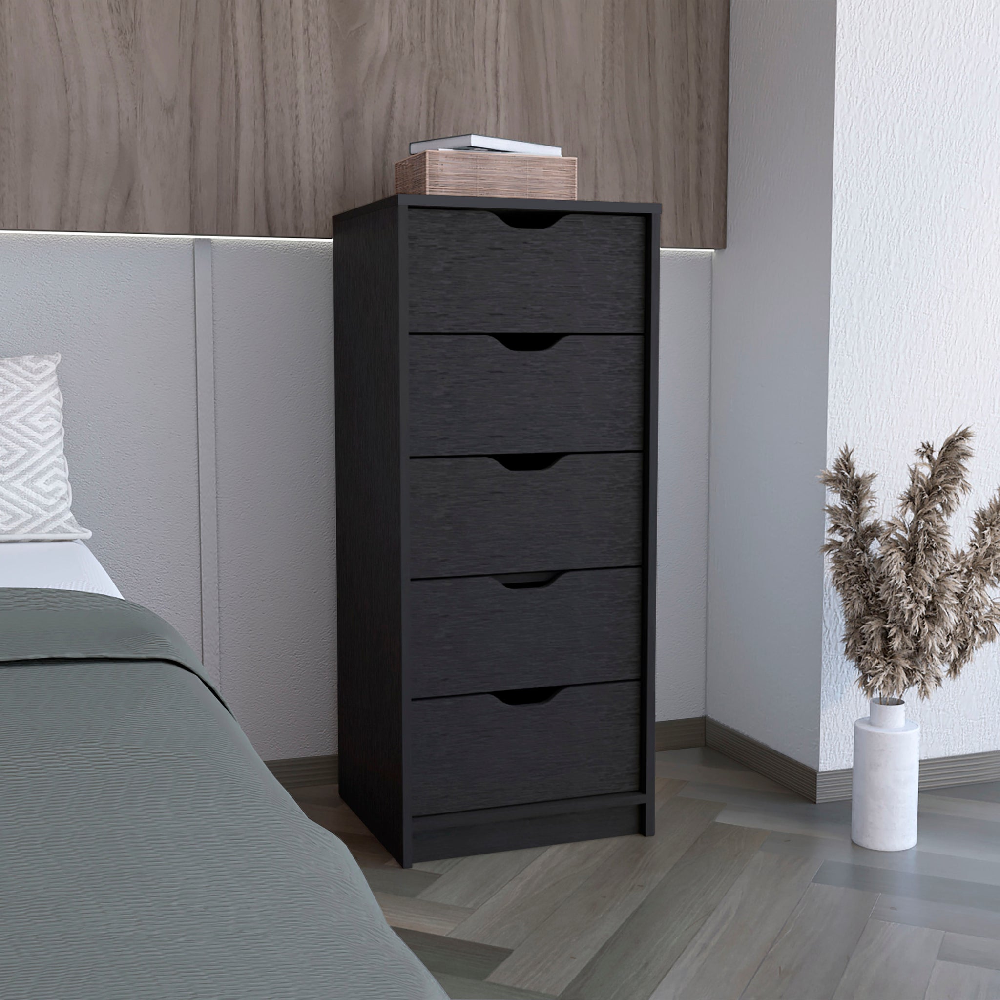 Basilea 5 Drawers Tall Dresser, Pull Out System Black Black Bedroom Modern Particle Board Particle Board