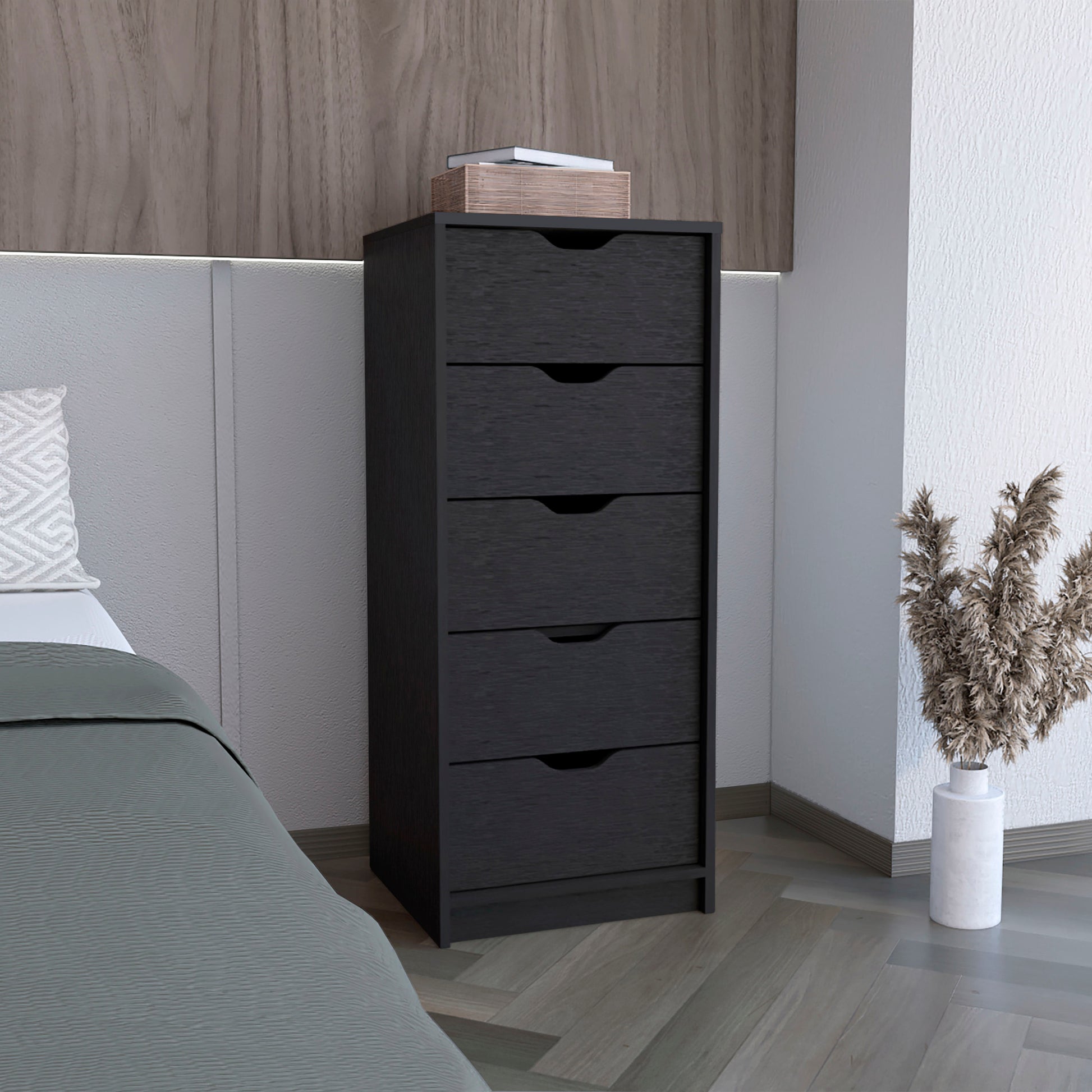 Basilea 5 Drawers Tall Dresser, Pull Out System Black Black Bedroom Mo Basilea 5 Drawers Tall Dresser, Pull Out System Black Black Bedroom Mo