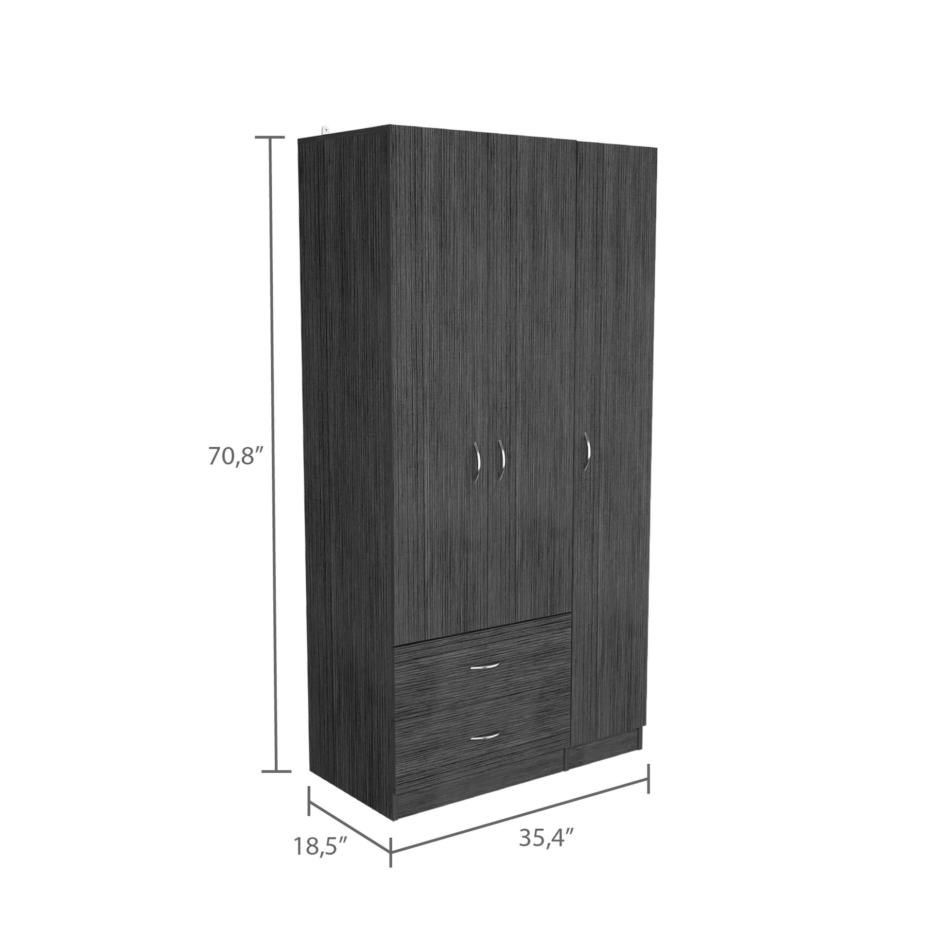 Austral 3 Door Armoire With Two Drawers, Shelves, And Hanging Rod Smokey Oak . White Smoke Grey Gray Bedroom Modern Particle Board