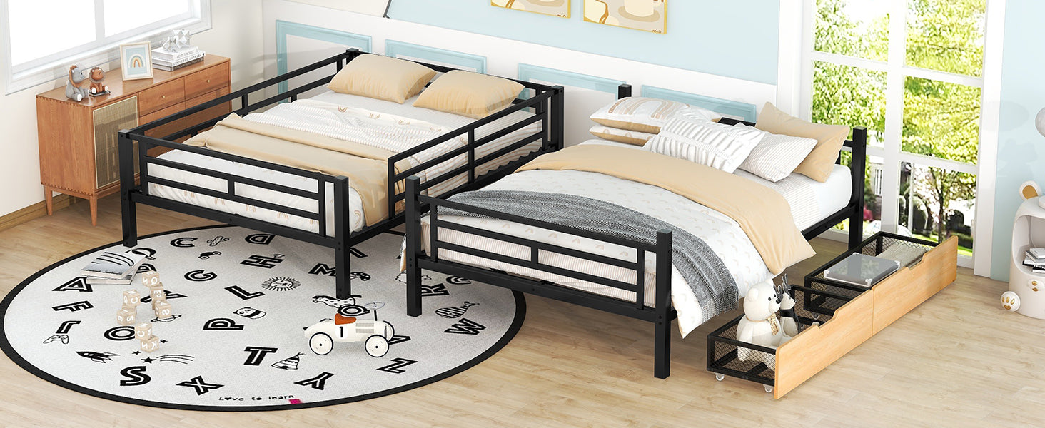 Metal Full Size Convertible Bunk Bed With 2 Drawers, Black Box Spring Not Required Full Black Metal Bedroom Bed Frame Metal & Wood