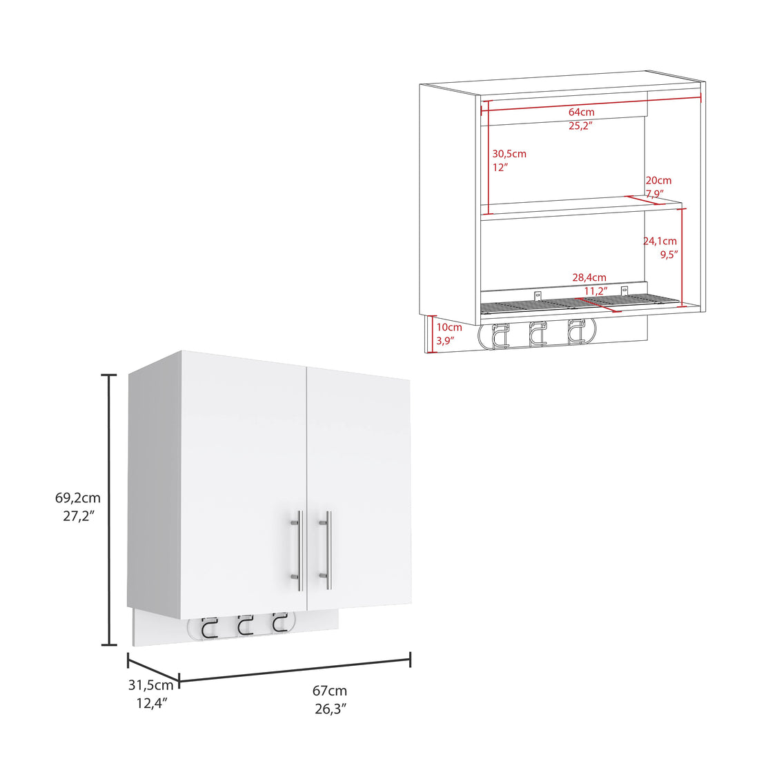 Kymo Wall Storage Cabinet, 2 Doors, Broom Hangers White Standard 1 2 Shelves Natural White White Dining Room Modern Particle Board Particle Board