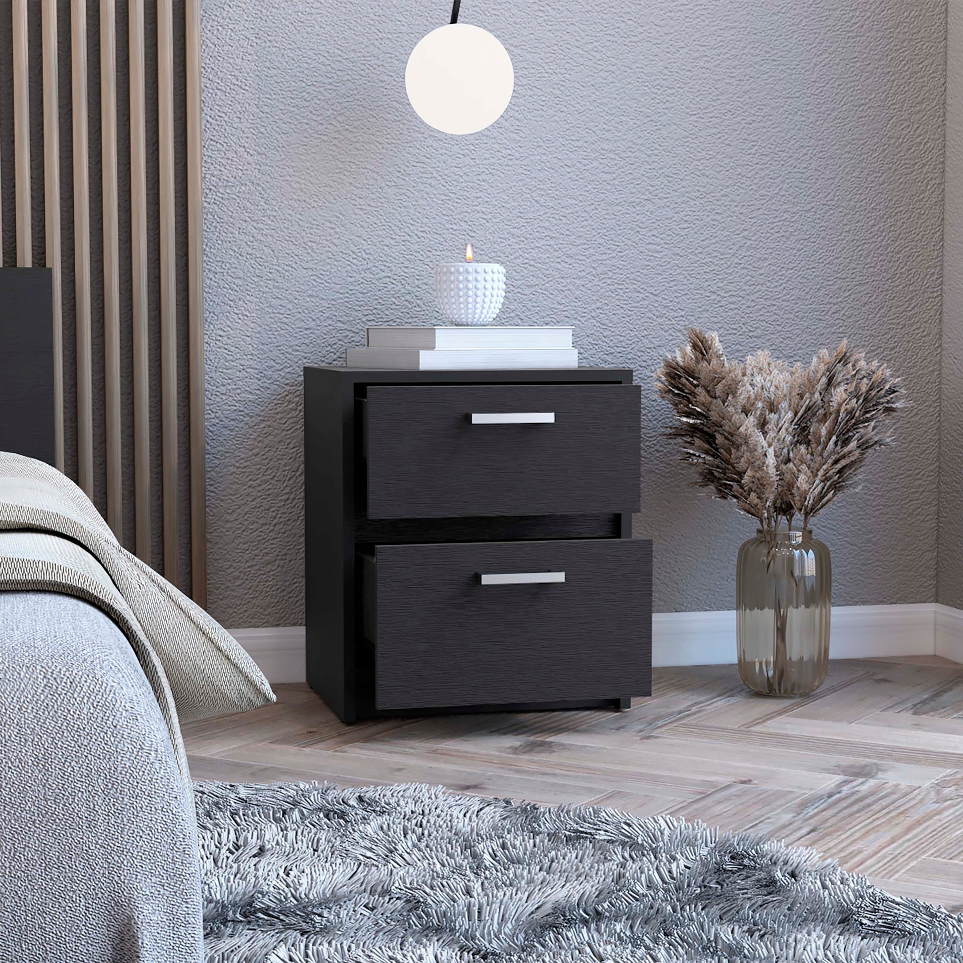 Trivor 2 Drawers Nightstandend Table, Side Table Metal Handles Black Black 2 Drawers Bedroom Rectangle Modern Easy Assembly Black Particle Board Particle Board