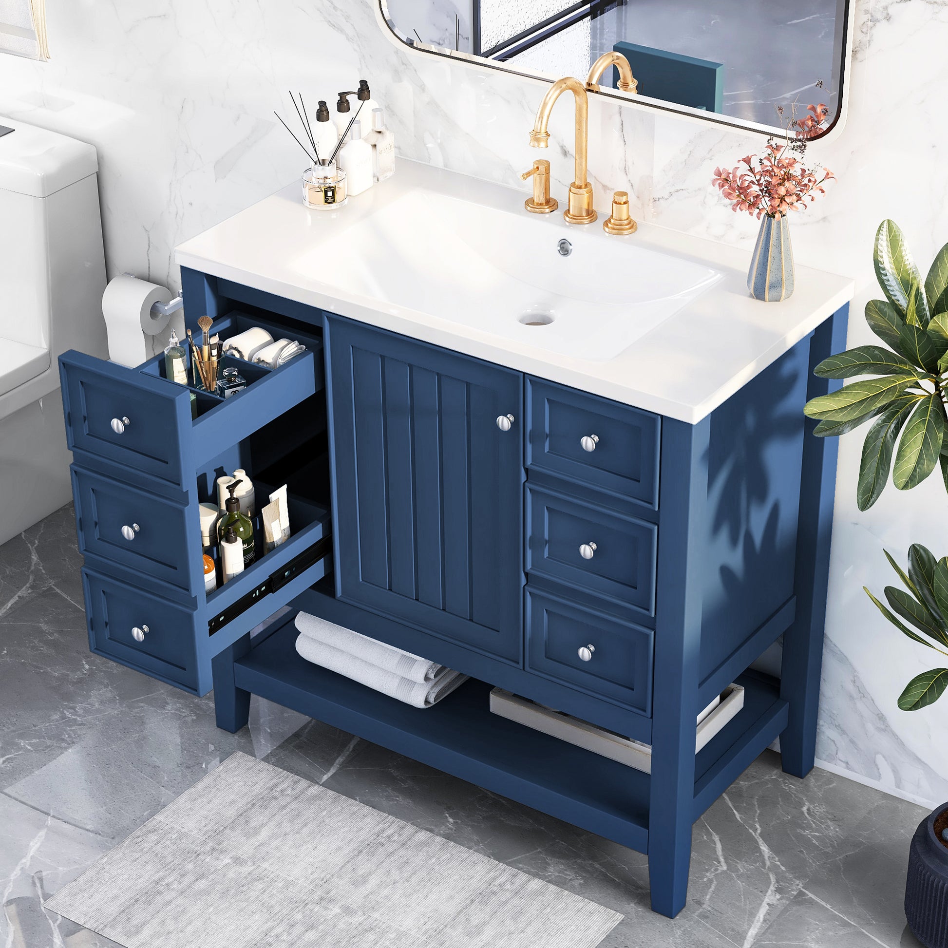 36" Bathroom Vanity With Sink Combo, One Cabinet And Three Drawers, Solid Wood And Mdf Board, Blue Blue Solid Wood Mdf