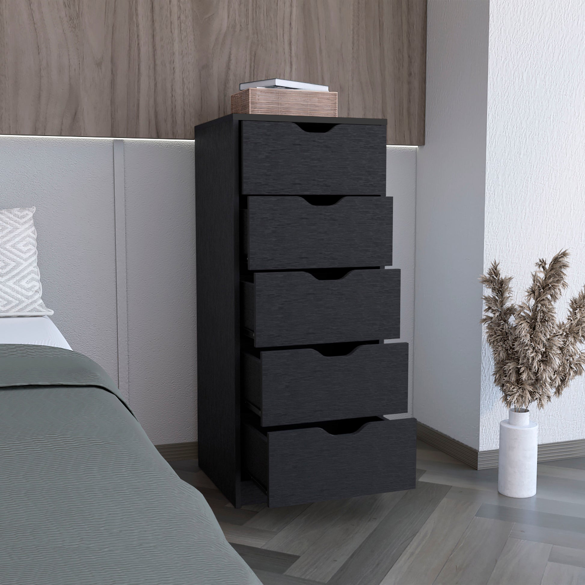 Basilea 5 Drawers Tall Dresser, Pull Out System Black Black Bedroom Modern Particle Board Particle Board