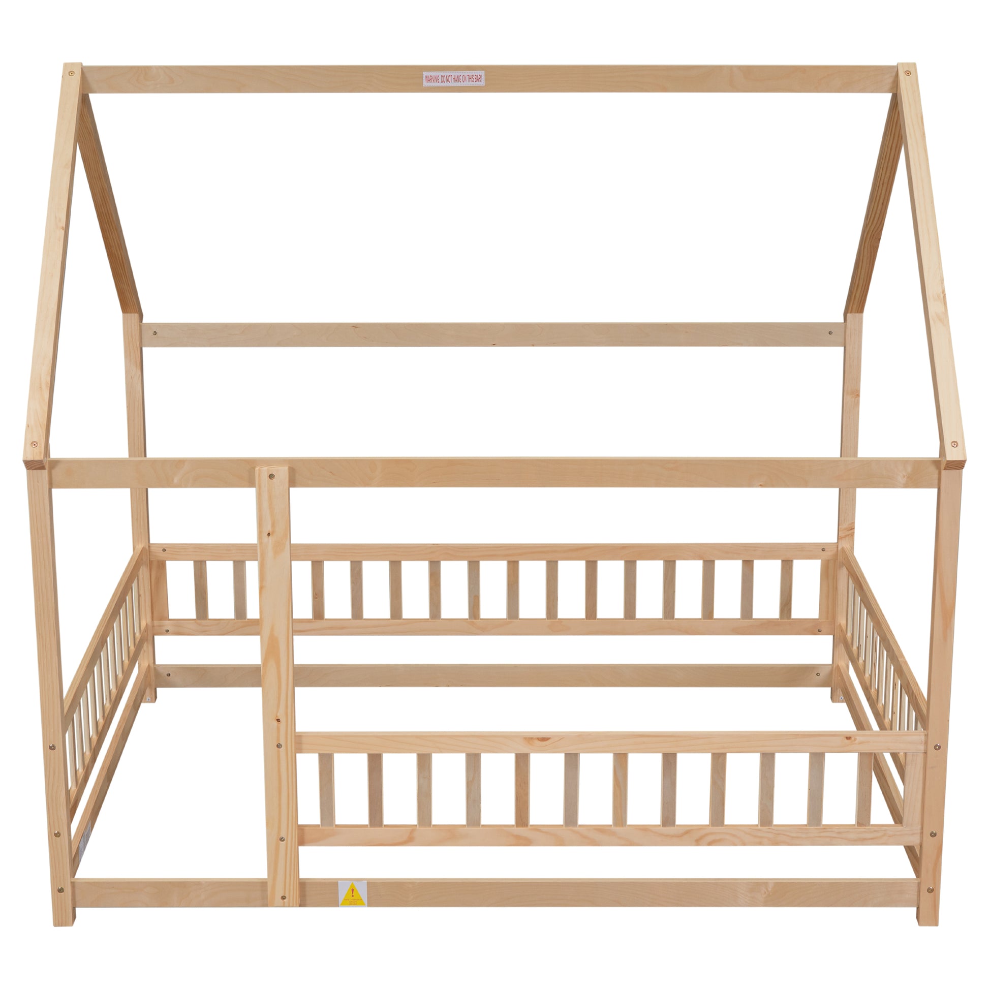 Full Size Floor Wooden Bed With House Roof Frame, Fence Guardrails ,Natural Full Natural Pine