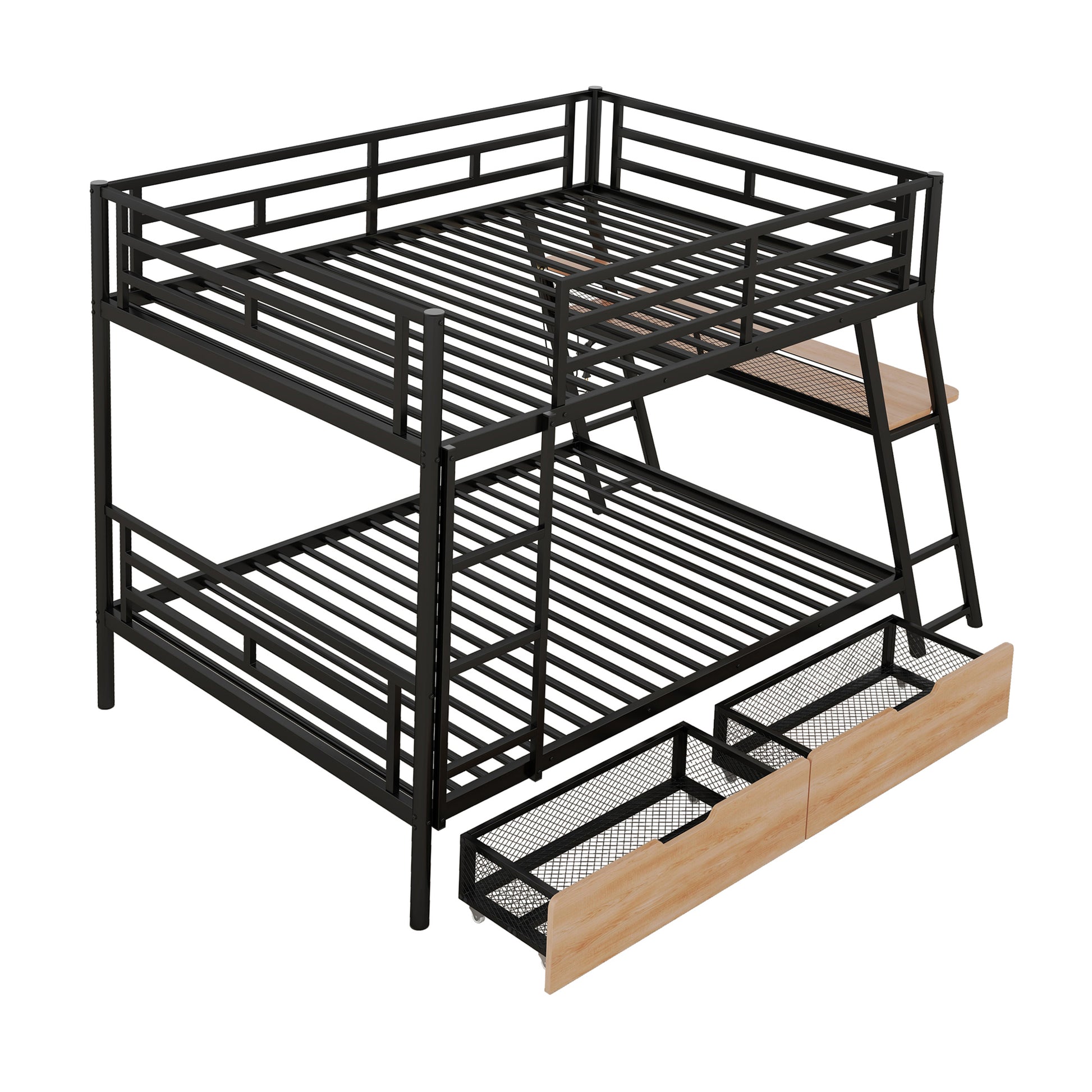 Full Size Metal Bunk Bed With Built In Desk, Light And 2 Drawers, Black Box Spring Not Required Full Black Metal Bedroom Bunk Metal & Wood