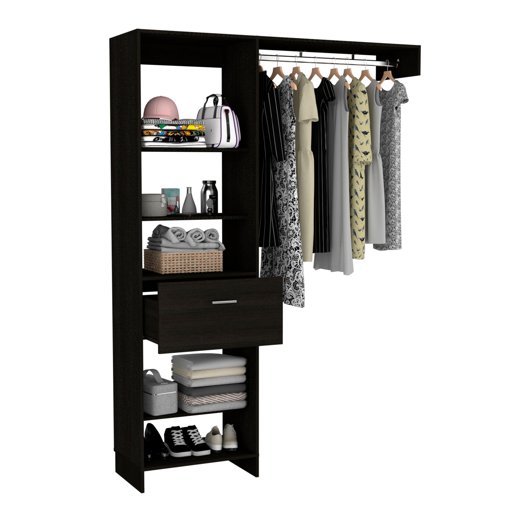 Manchester 150 Closet System, Metal Rod, Five Open Shelves, One Drawer Black Black Bedroom Modern Particle Board Particle Board