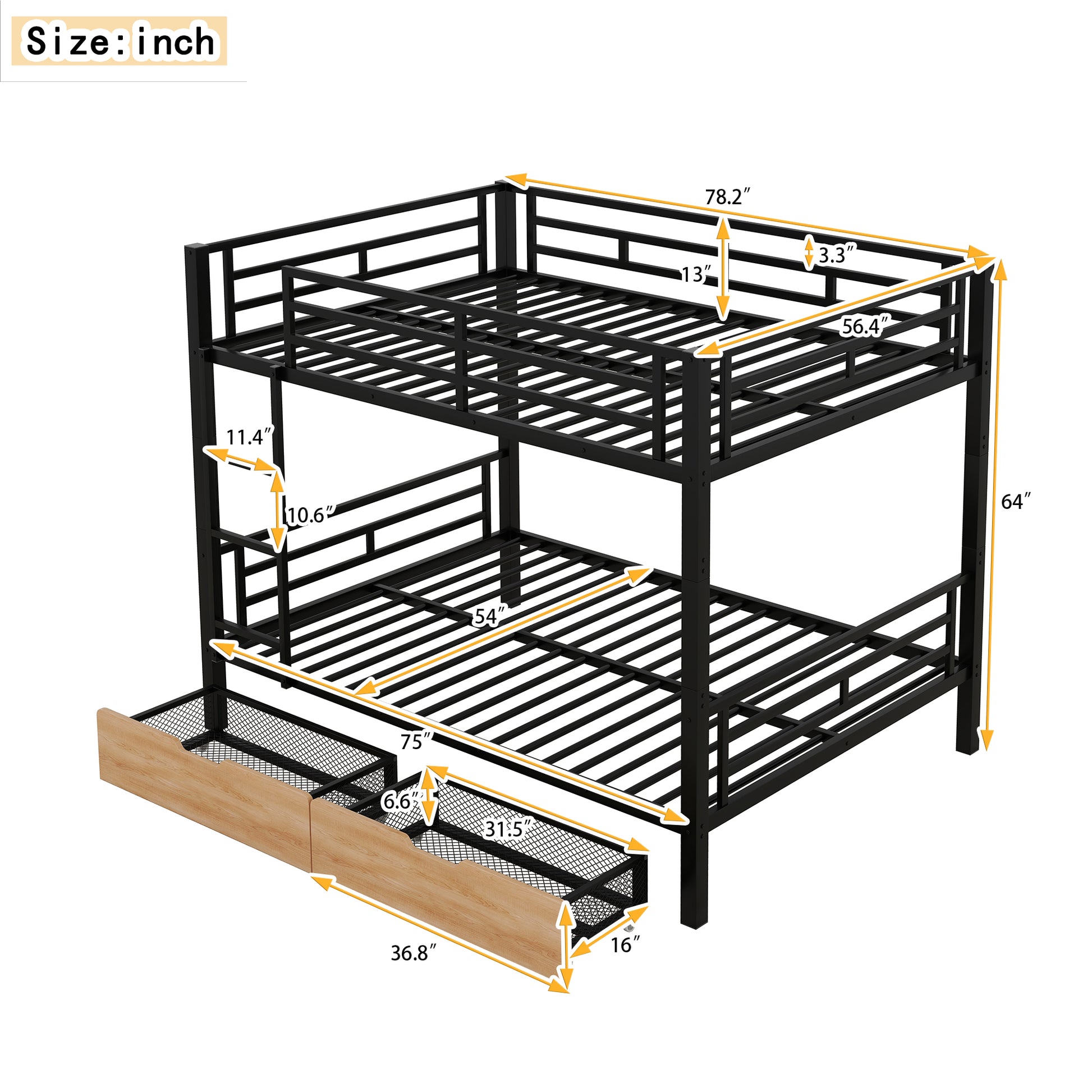 Metal Full Size Convertible Bunk Bed With 2 Drawers, Black Box Spring Not Required Full Black Metal Bedroom Bed Frame Metal & Wood