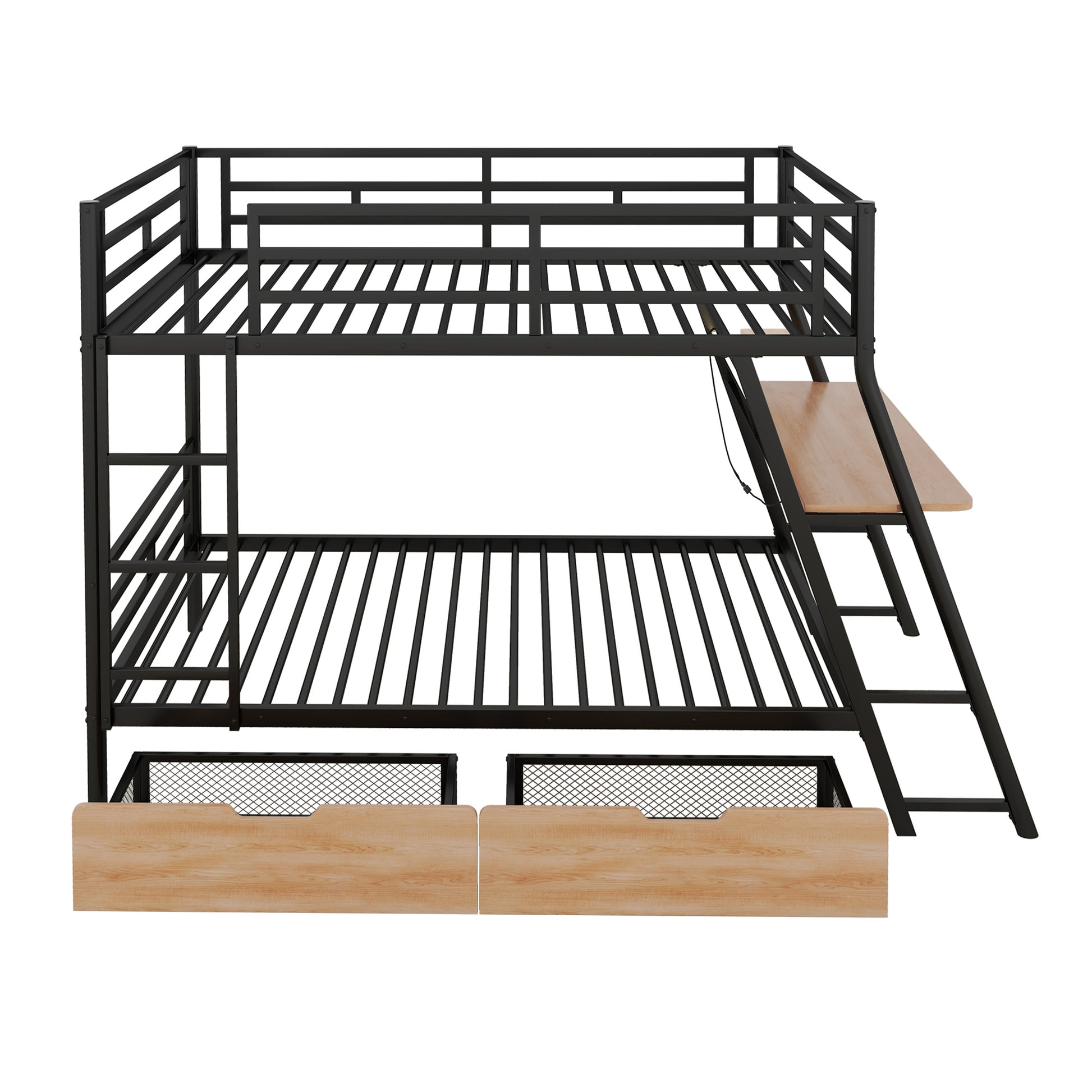 Full Size Metal Bunk Bed With Built In Desk, Light And 2 Drawers, Black Box Spring Not Required Full Black Metal Bedroom Bunk Metal & Wood