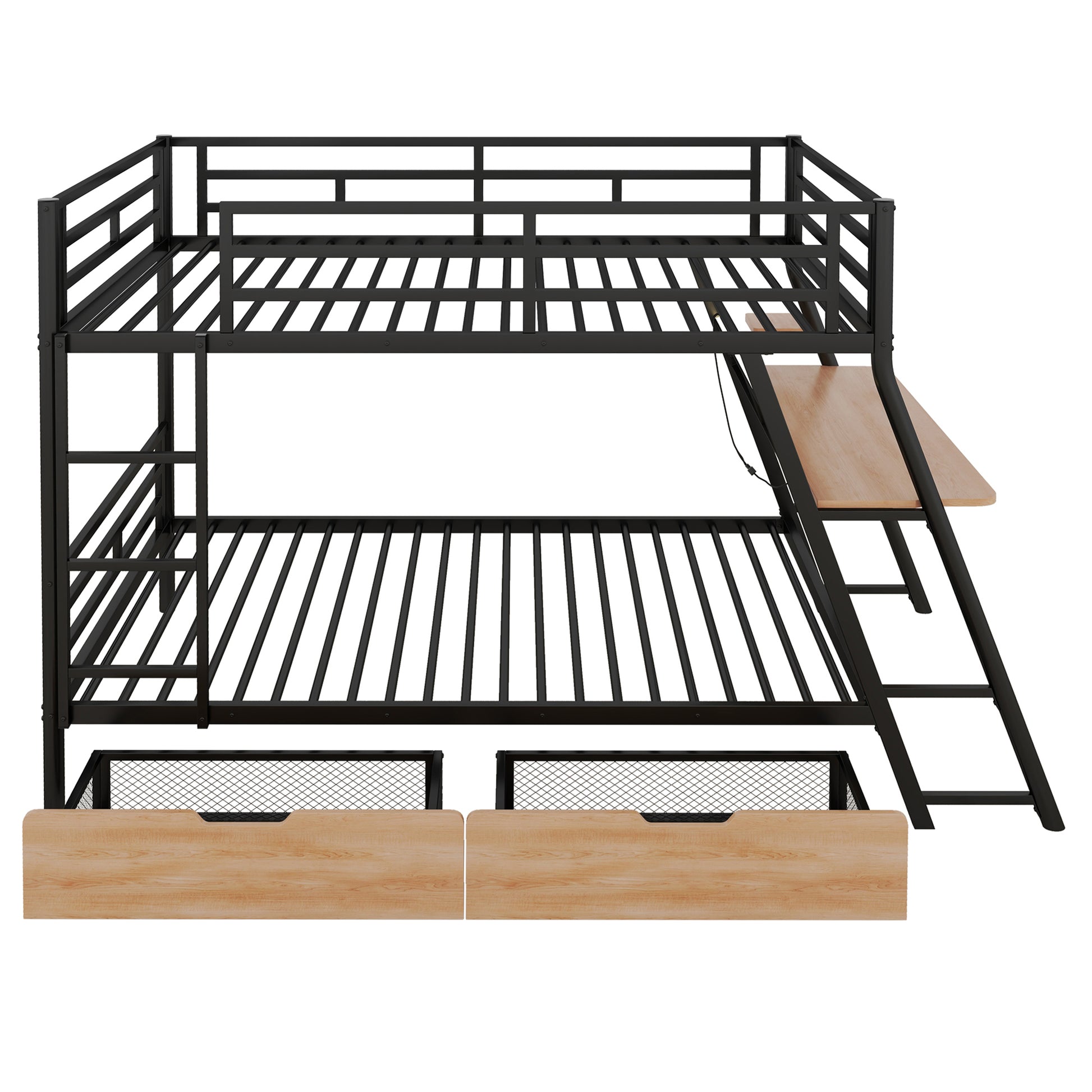 Full Size Metal Bunk Bed With Built In Desk, Light And 2 Drawers, Black Box Spring Not Required Full Black Metal Bedroom Bunk Metal & Wood