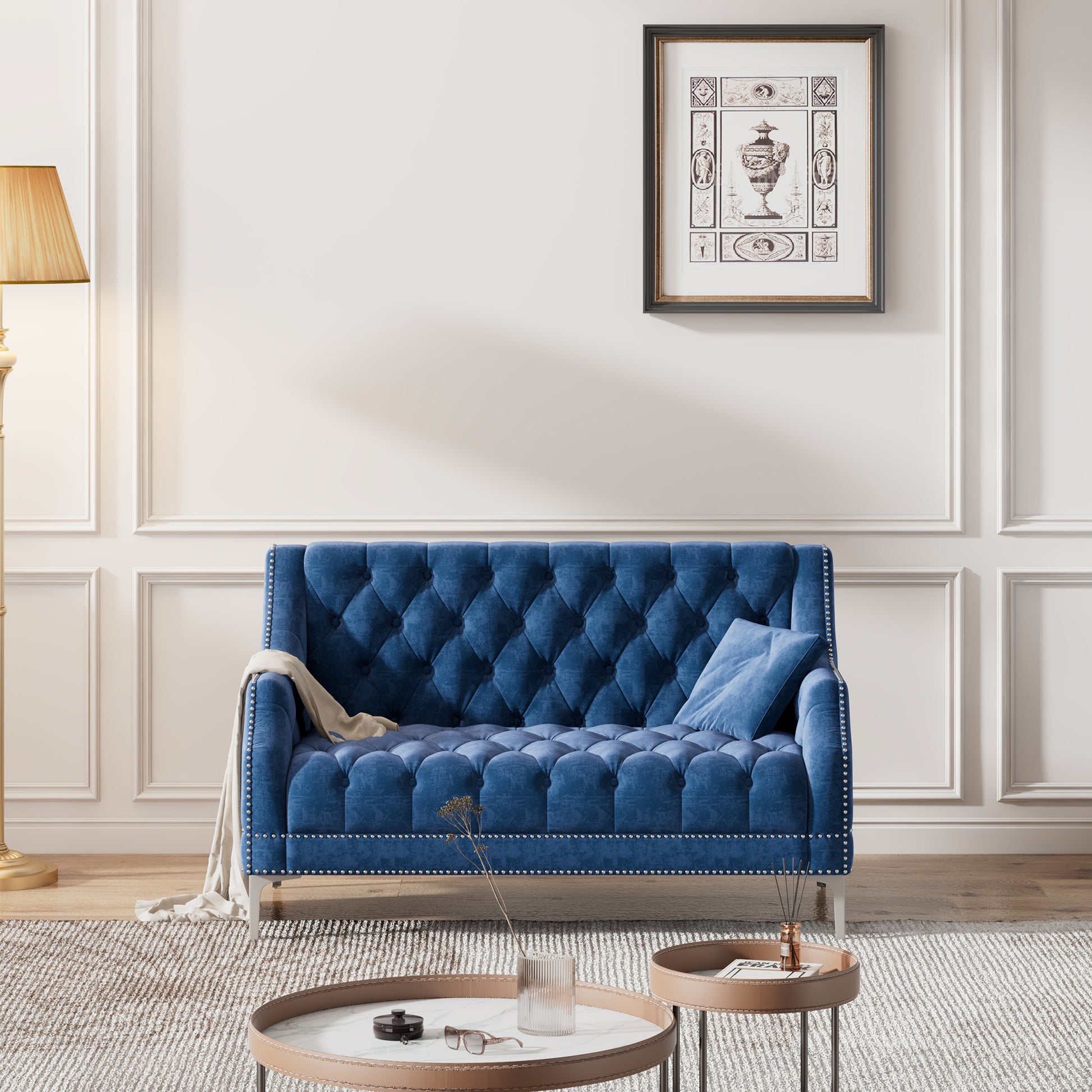 55.5" Modern Sofa Dutch Plush Upholstered Sofa With Metal Legs, Button Tufted Back Blue Blue Foam Polyester