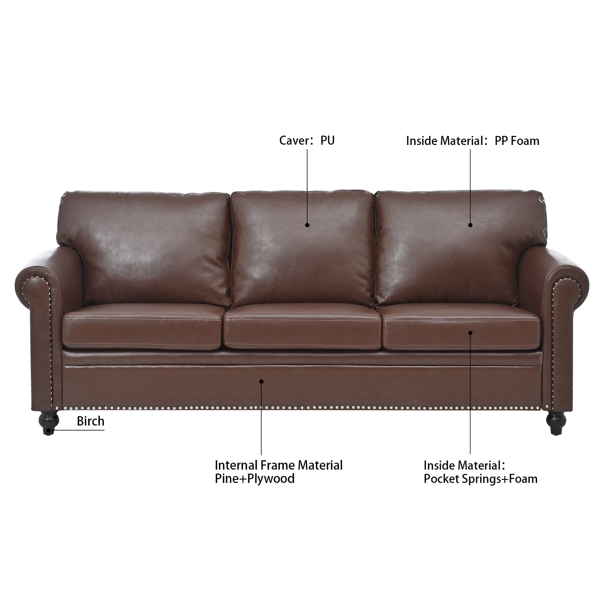 3 Seater Sofa. Brown Pu Foam Fabric