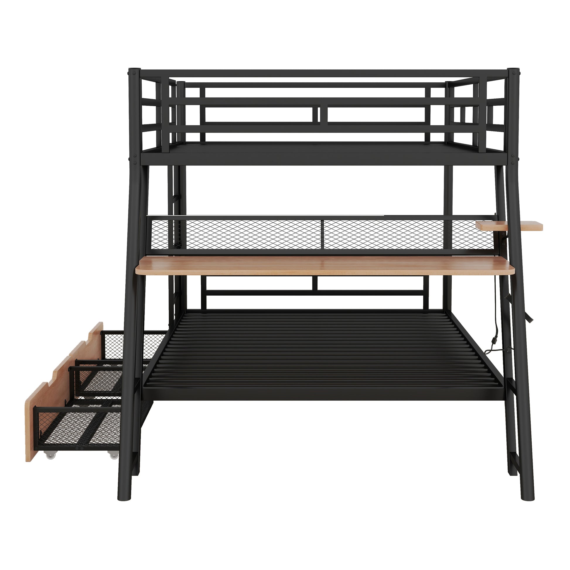 Full Size Metal Bunk Bed With Built In Desk, Light And 2 Drawers, Black Box Spring Not Required Full Black Metal Bedroom Bunk Metal & Wood