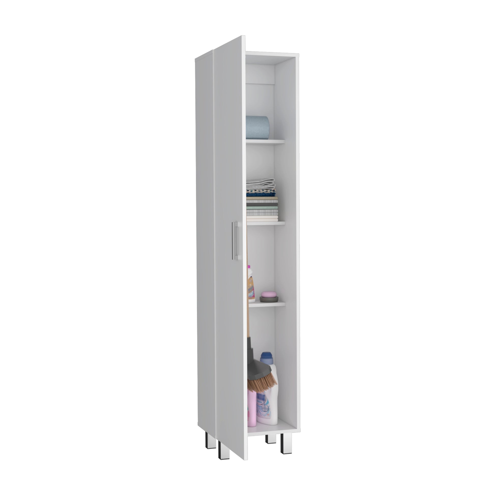 Vintro Storage Cabinet, Broom Hangers, Metal Handle White Vertical Natural White White Dining Room Modern Particle Board Particle Board