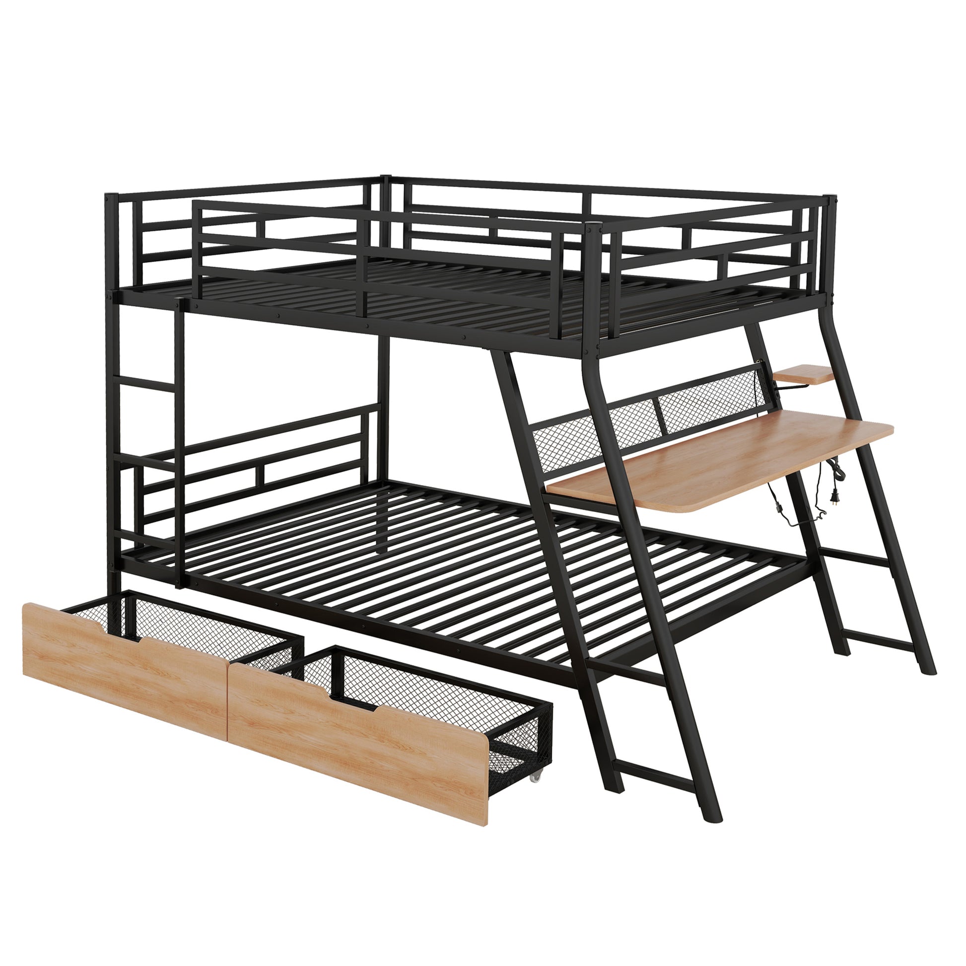 Full Size Metal Bunk Bed With Built In Desk, Light And 2 Drawers, Black Box Spring Not Required Full Black Metal Bedroom Bunk Metal & Wood