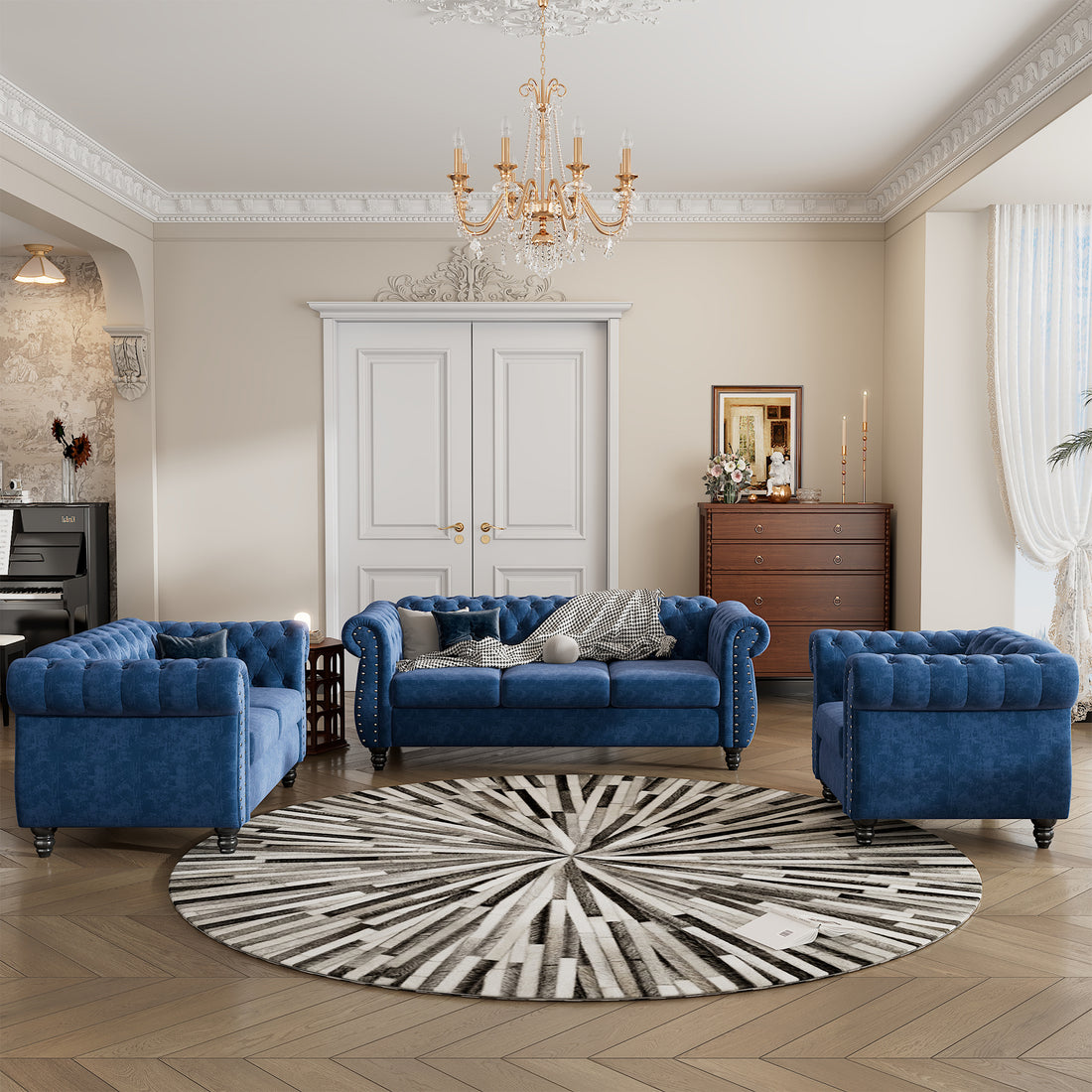 Modern Three Piece Sofa Set With Solid Wood Legs, Button Down Tufted Backrest, Dutch Velvet Upholstered Sofa Set Including Three Seater Sofa, Two Seater And Living Room Furniture Set Single Chair Blue Foam Polyester