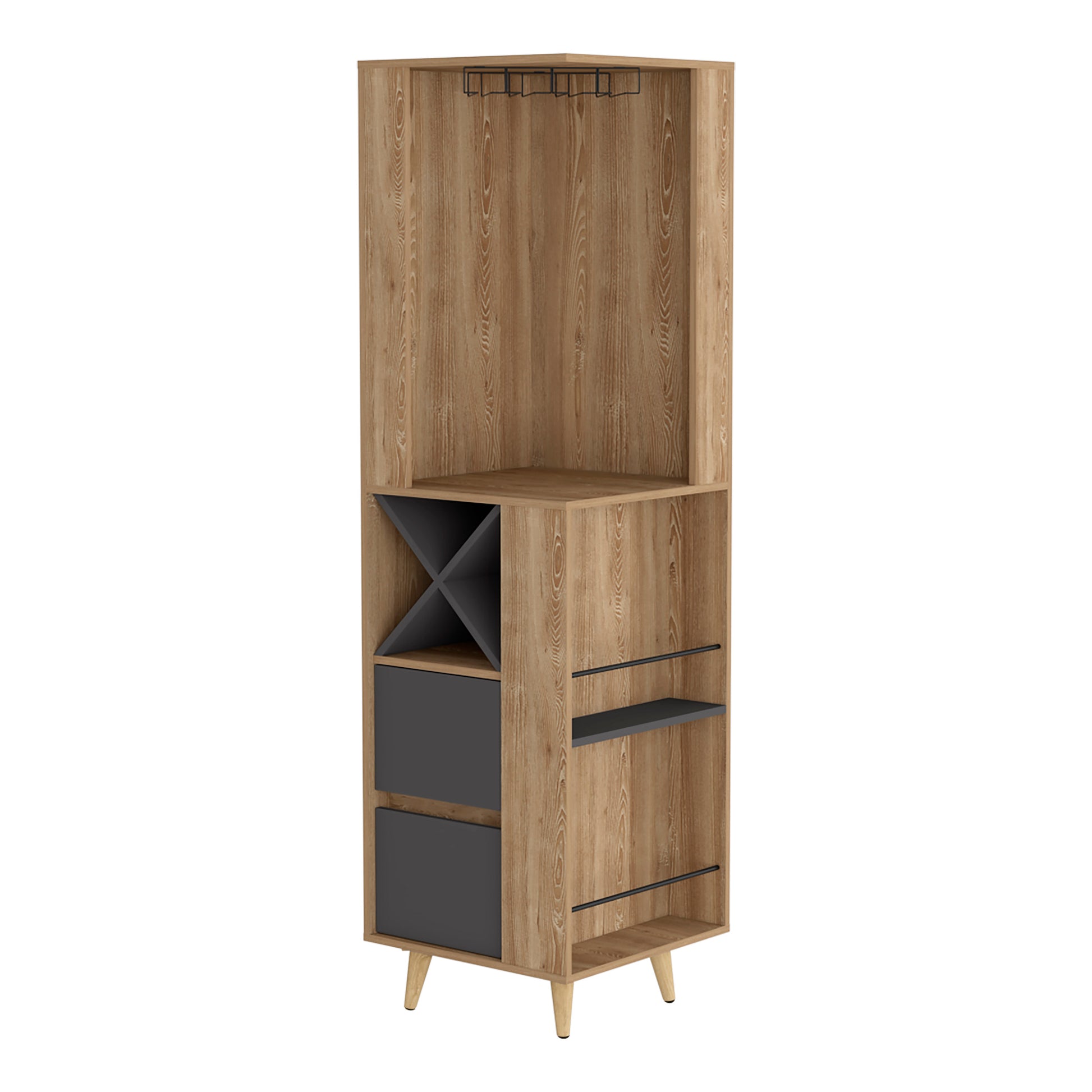 Salem Corner Bar Cabinet, Two External Shelves, Two Drawers, Four Wine Compartments Pine Matt Gray Multicolor Particle Board Particle Board