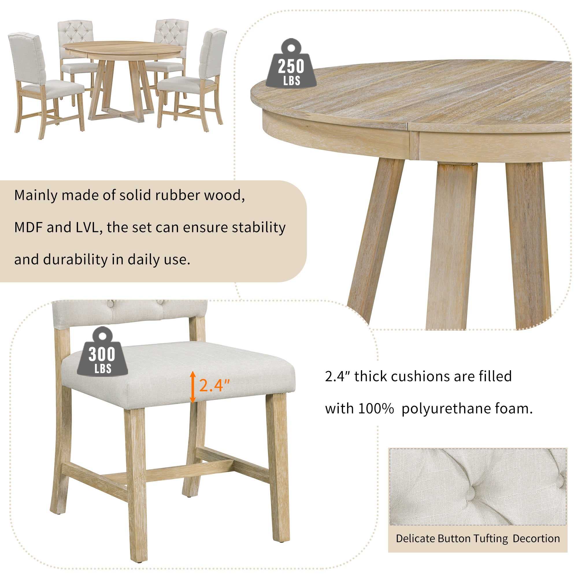5 Piece Retro Functional Dining Set, Round Table natural-solid wood