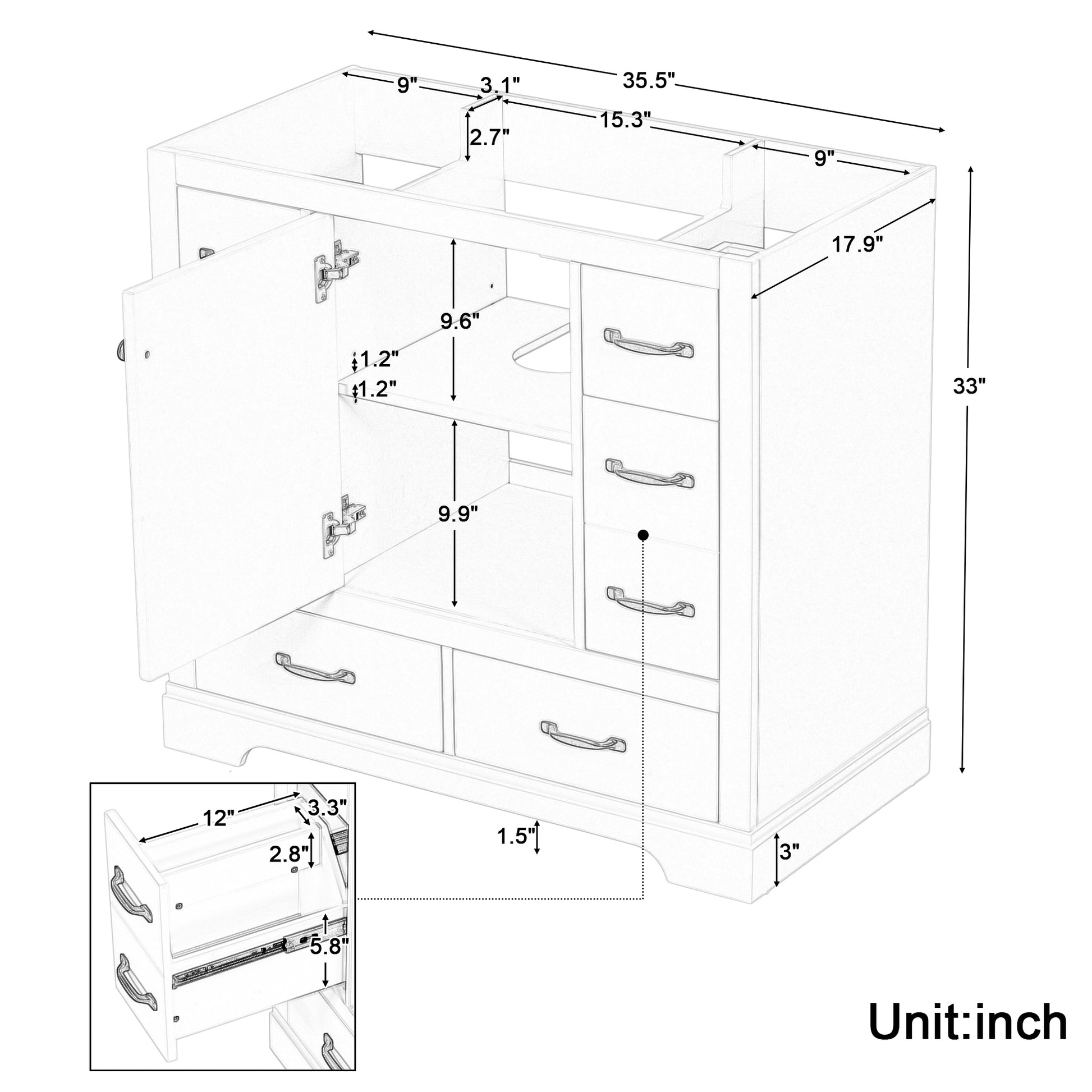 36" Bathroom Vanity Without Sink, Cabinet Base Only, Six Drawers, Multi Functional Drawer Divider, Adjustable Shelf, Grey Grey Solid Wood Mdf