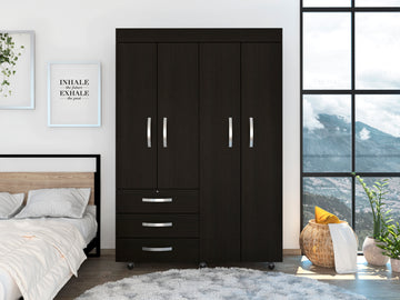 Denver Mobile Armoire, With Hanging Rods, Double Door Cabinet, Three Drawers, Two Shelves Black Black Particle Board