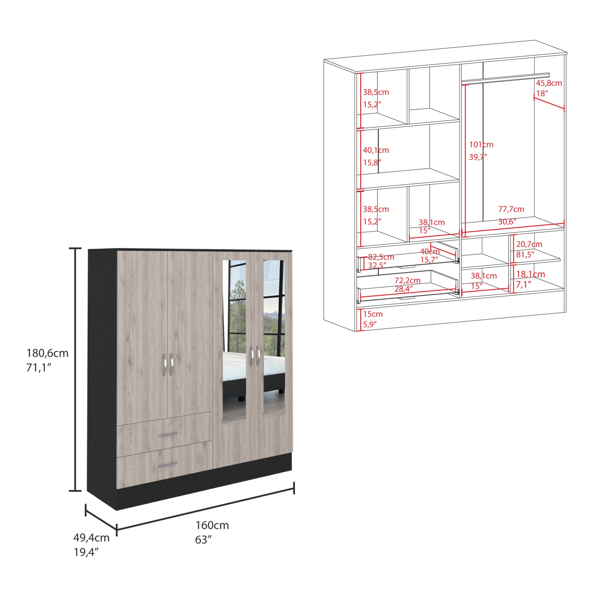 Bolton 160 Armoire, Six Shelves, Two Double Door Cabinets, Two Mirrors, Two Drawers, Rod Black Light Gray Multicolor Bedroom Particle Board