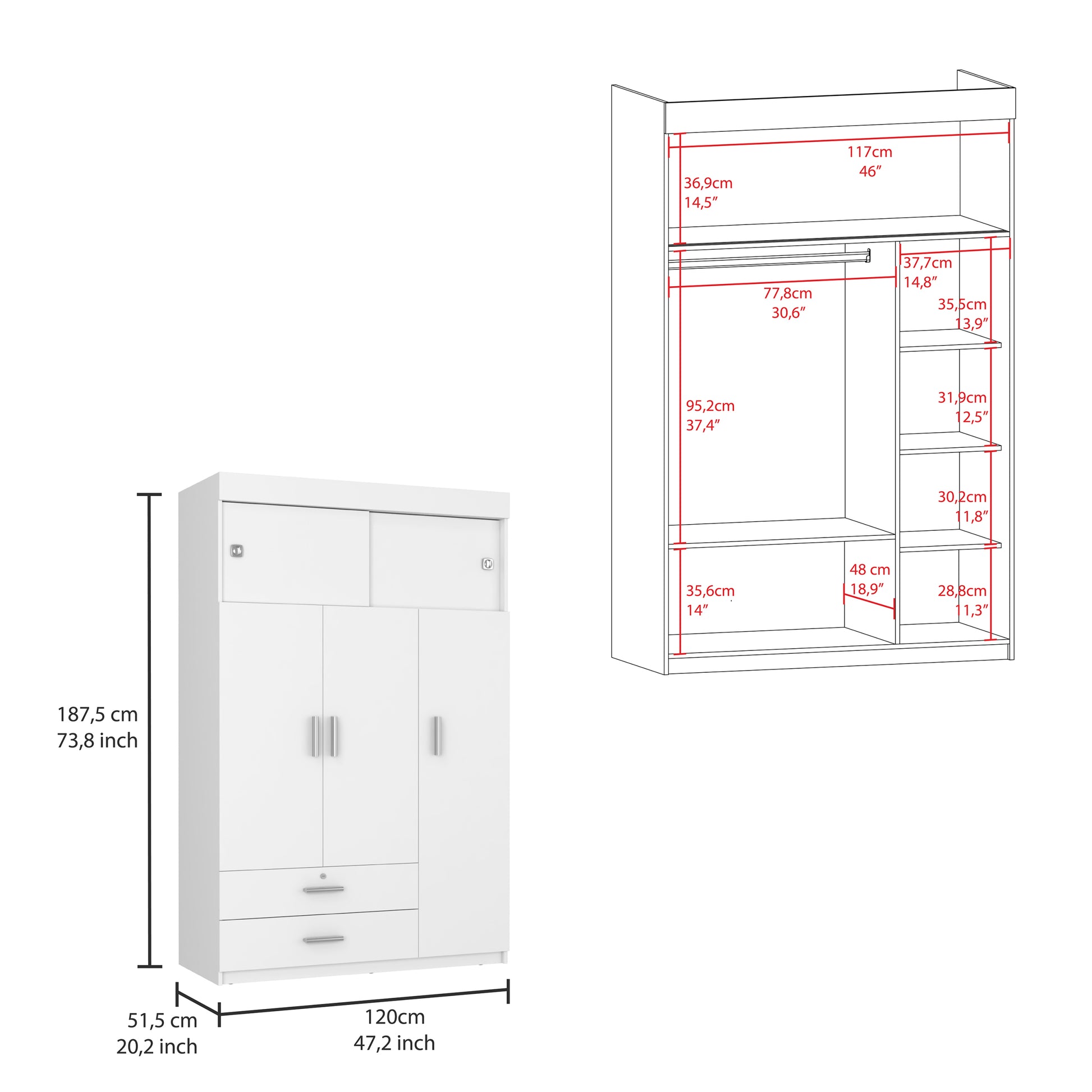 Chile Armoire, Rod, Three Door Cabinet, Two Drawers, Two Superior Adjustable Shelves, Metal Hardware White White Particle Board