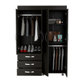 Denver Mobile Armoire, With Hanging Rods, Double Door Cabinet, Three Drawers, Two Shelves Black Black Particle Board