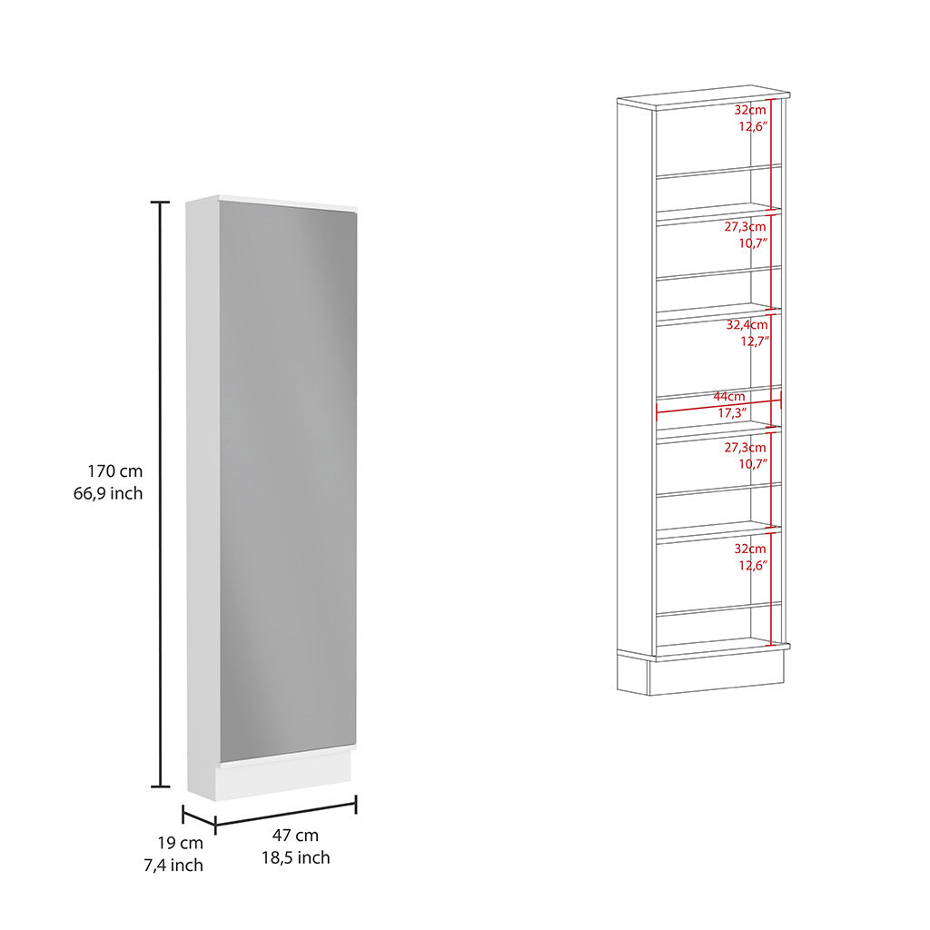 Leto Xl Shoe Rack, Mirror, Five Interior Shelves, Single Door Cabinet White White Primary Living Space Modern Shoe Storage Particle Board Particle Board