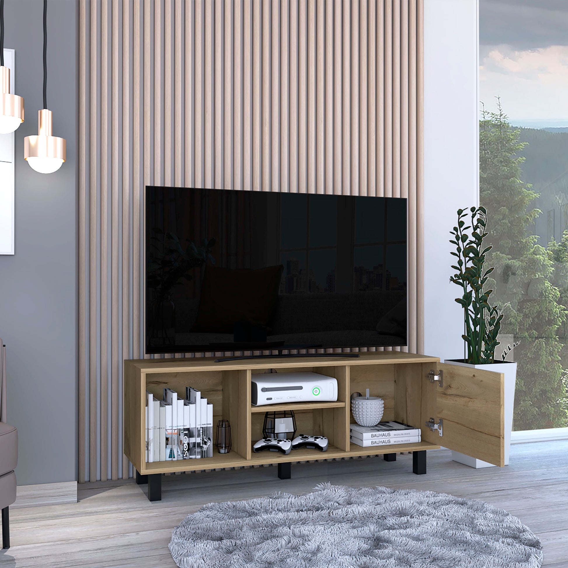 Tunez Tv Stand For Tv S Up 43" Three Open Shelves, One Cabinet Light Oak Beige Particle Board Particle Board