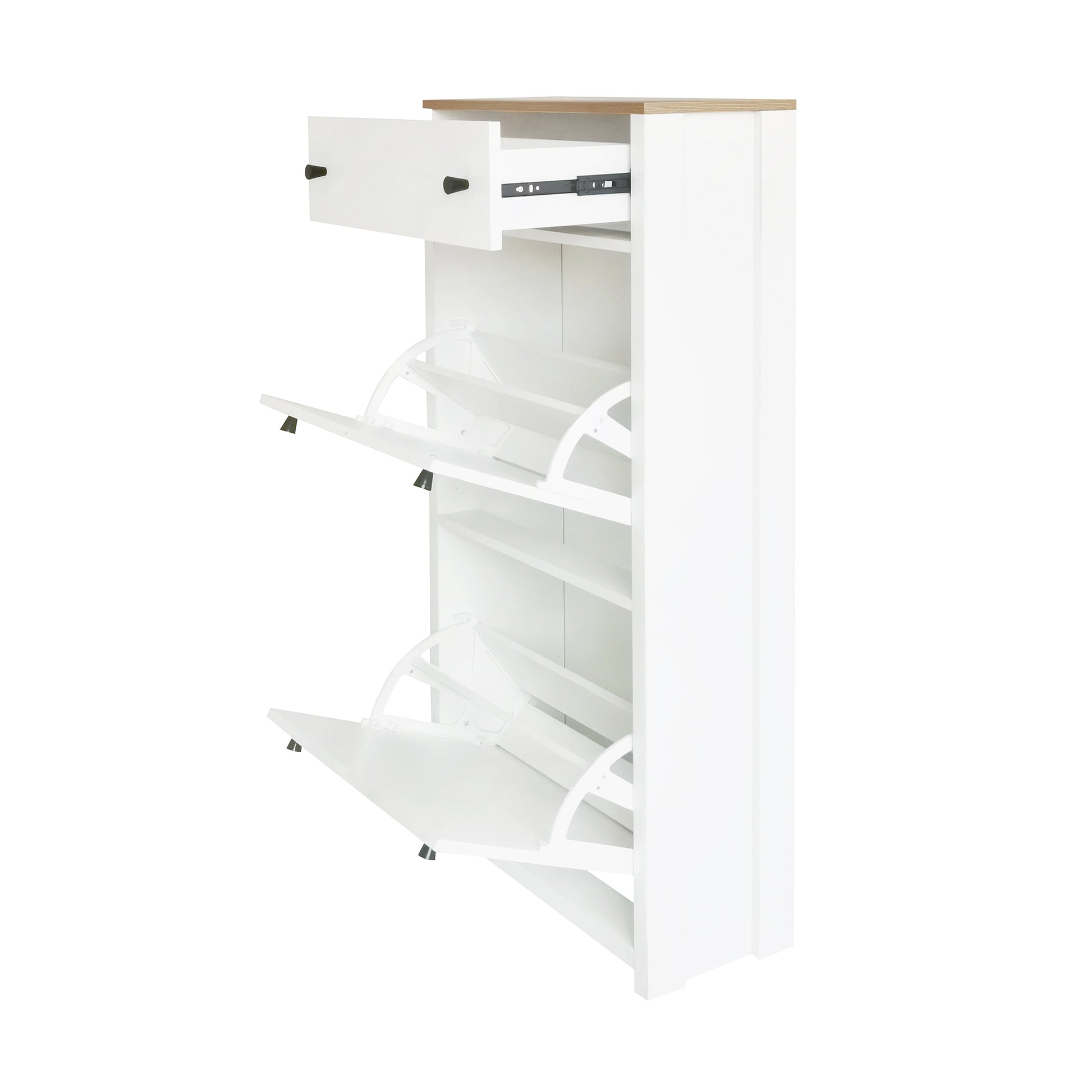 Functional Entryway Organizer With 2 Flip Drawers, Wood Grain Pattern Top Shoe Cabinet With Drawer, Free Standing Shoe Rack With Adjustable Panel For Hallway, White Freestanding 3 4 Drawers White Primary Living Space Adjustable Shelves Particle Board