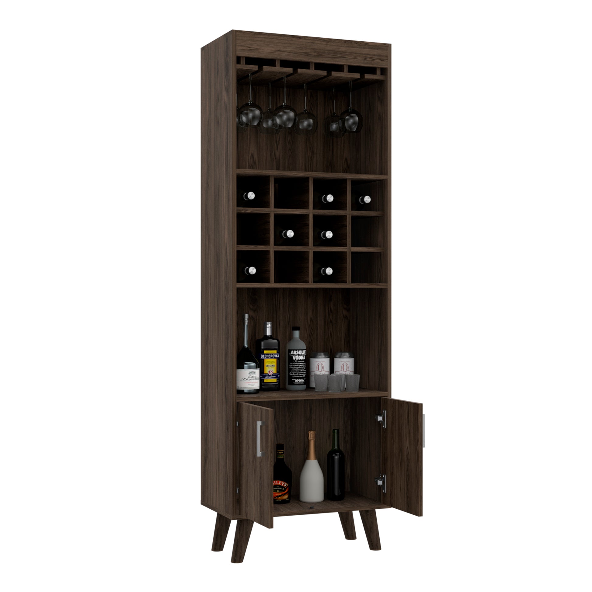 Oslo Bar Cabinet, Twelve Built In Wine Rack, Double Door Cabinet, Two Shelves Dark Walnut Brown Particle Board Particle Board