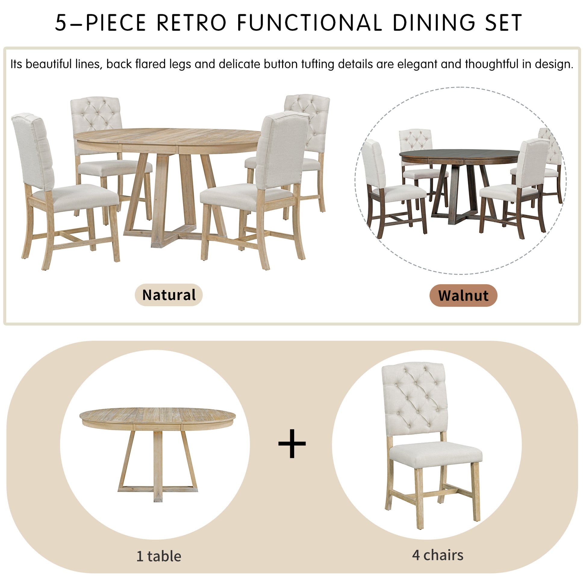 5 Piece Retro Functional Dining Set, Round Table With A 16"W Leaf And 4 Upholstered Chairs For Dining Room And Living Room Natural Natural Solid Wood