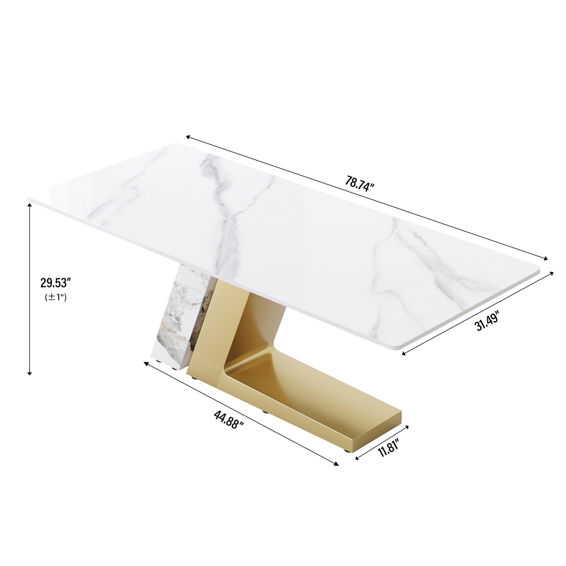 78.74"Modern Artificial Stone White Straight Panel, Golden White Metal Legs Can Accommodate 8 People. Not Including Chairs White Dining Room Metal Sintered Stone
