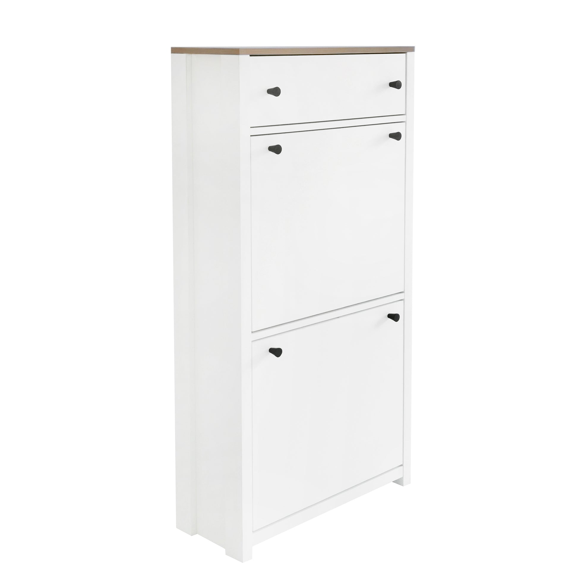 Functional Entryway Organizer With 2 Flip Drawers, Wood Grain Pattern Top Shoe Cabinet With Drawer, Free Standing Shoe Rack With Adjustable Panel For Hallway, White Freestanding 3 4 Drawers White Primary Living Space Adjustable Shelves Particle Board