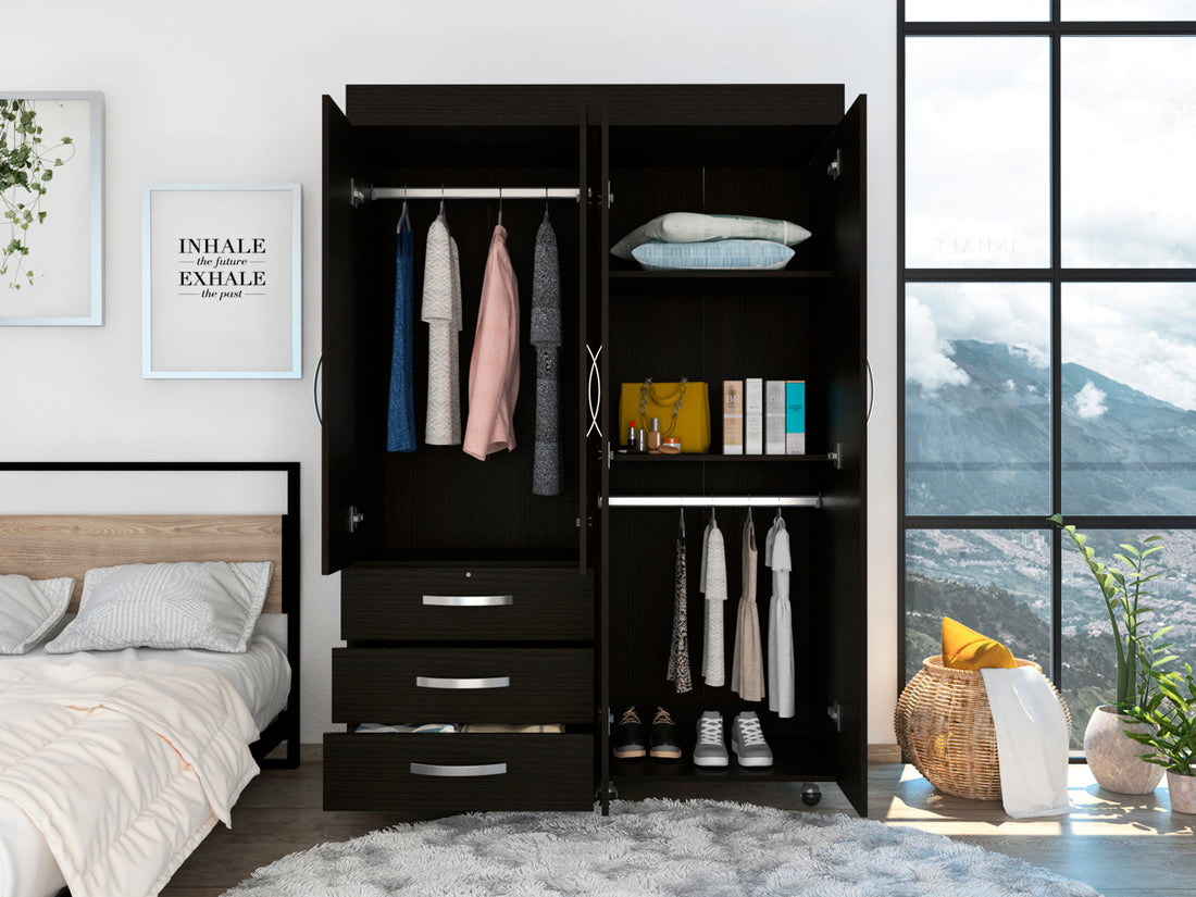 Denver Mobile Armoire, With Hanging Rods, Double Door Cabinet, Three Drawers, Two Shelves Black Black Particle Board