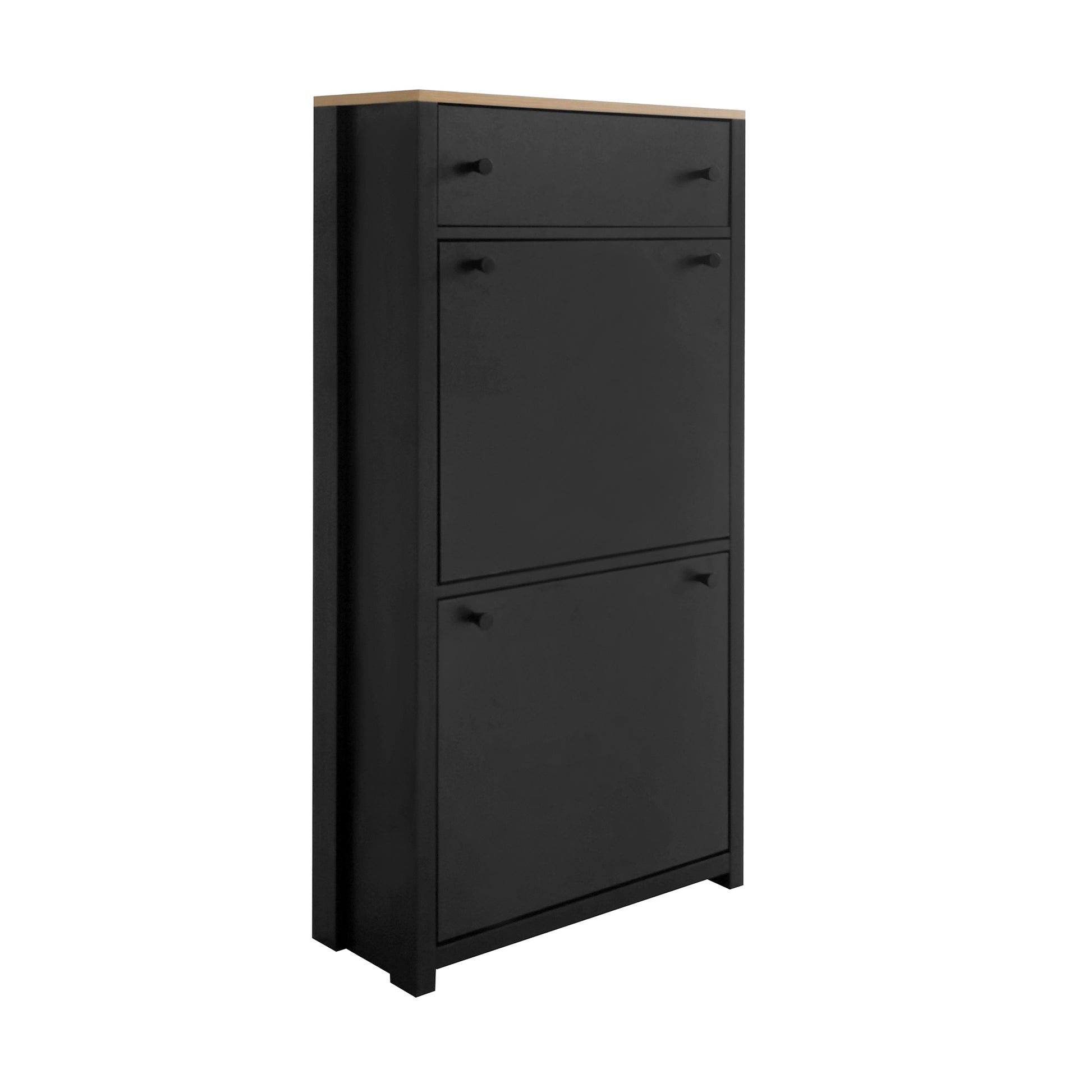 Functional Entryway Organizer With 2 Flip Drawers, Wood Grain Pattern Top Shoe Cabinet With Drawer, Free Standing Shoe Rack With Adjustable Panel For Hallway, Black Freestanding 3 4 Drawers Black Primary Living Space Adjustable Shelves Particle Board