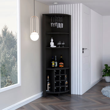 Essential Corner Bar Cabinetthree Shelves, Eight Built In Wine Rack, Two Side Shelves Black Black Dining Room Modern Shelves Included Particle Board