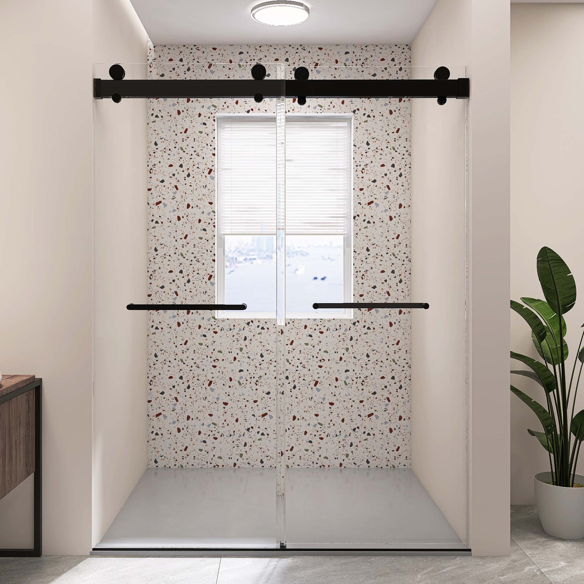 Frameless Double Sliding Shower, 57" 60" Width, 79" Height, 3 8" 10 Mm Clear Tempered Glass,Designed For Smooth Door Closing With Upgraded Crashproof System Technology Matte Black Finish Matte Black Bathroom Modern Glass