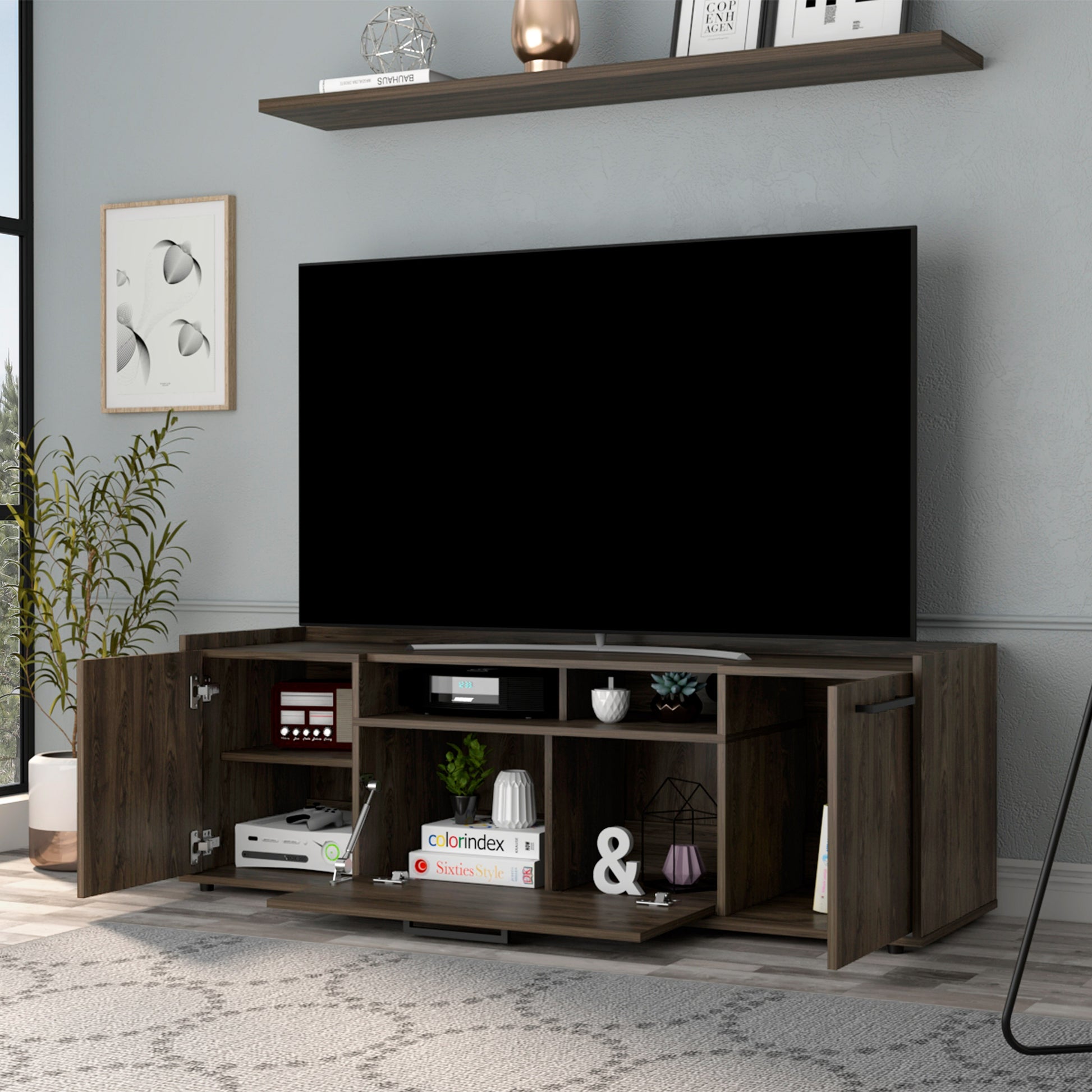 Lyon Tv Stand For Tv S Up 55", One Cabinet, Double Door Dark Walnut Brown Primary Living Space 50 59 Inches 50 59 Inches Modern 55 Inches Particle Board Particle Board