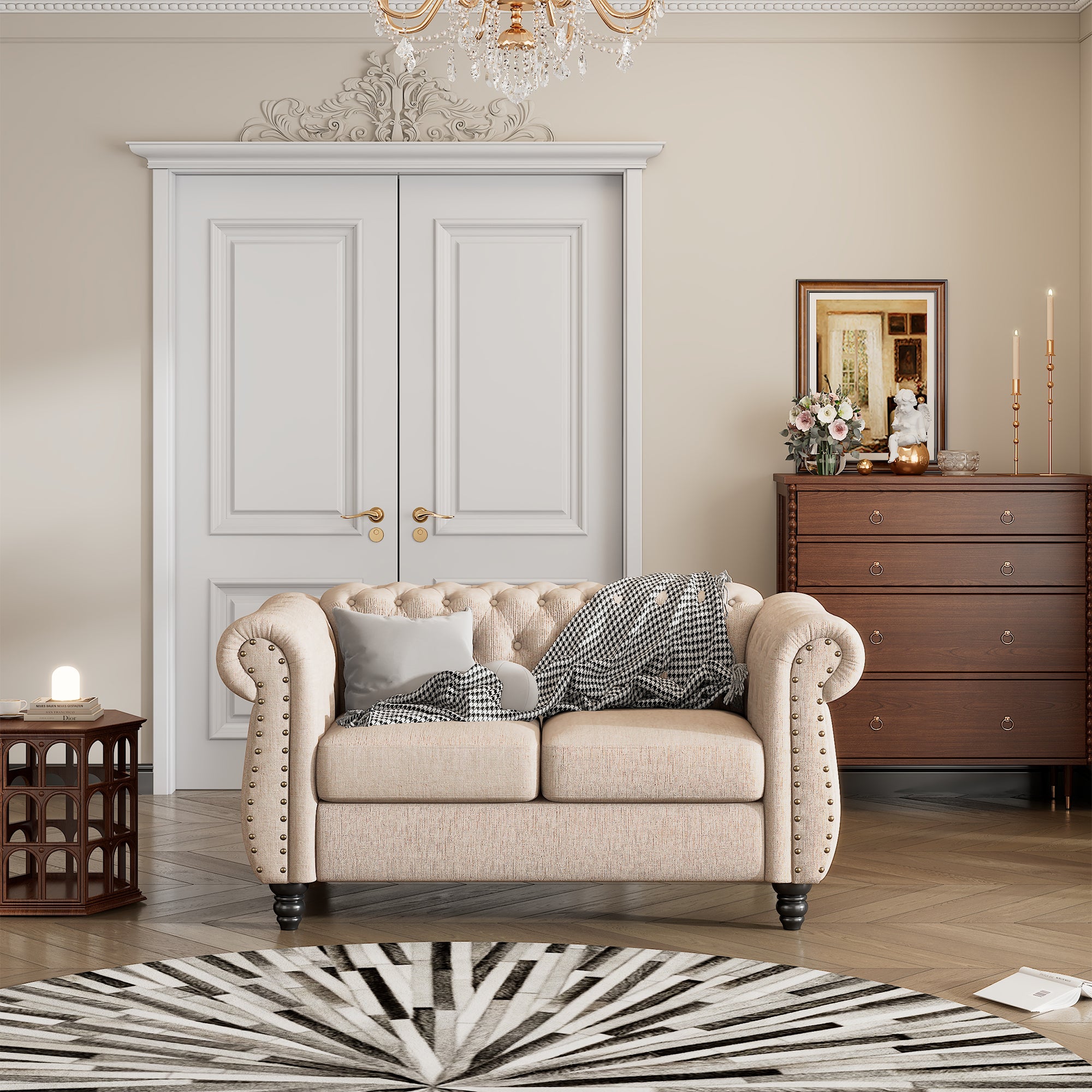 60" Modern Sofa Dutch Plush Upholstered Sofa, Solid Wood Legs, Buttoned Tufted Backrest, Beige Beige Foam Polyester 2 Seat