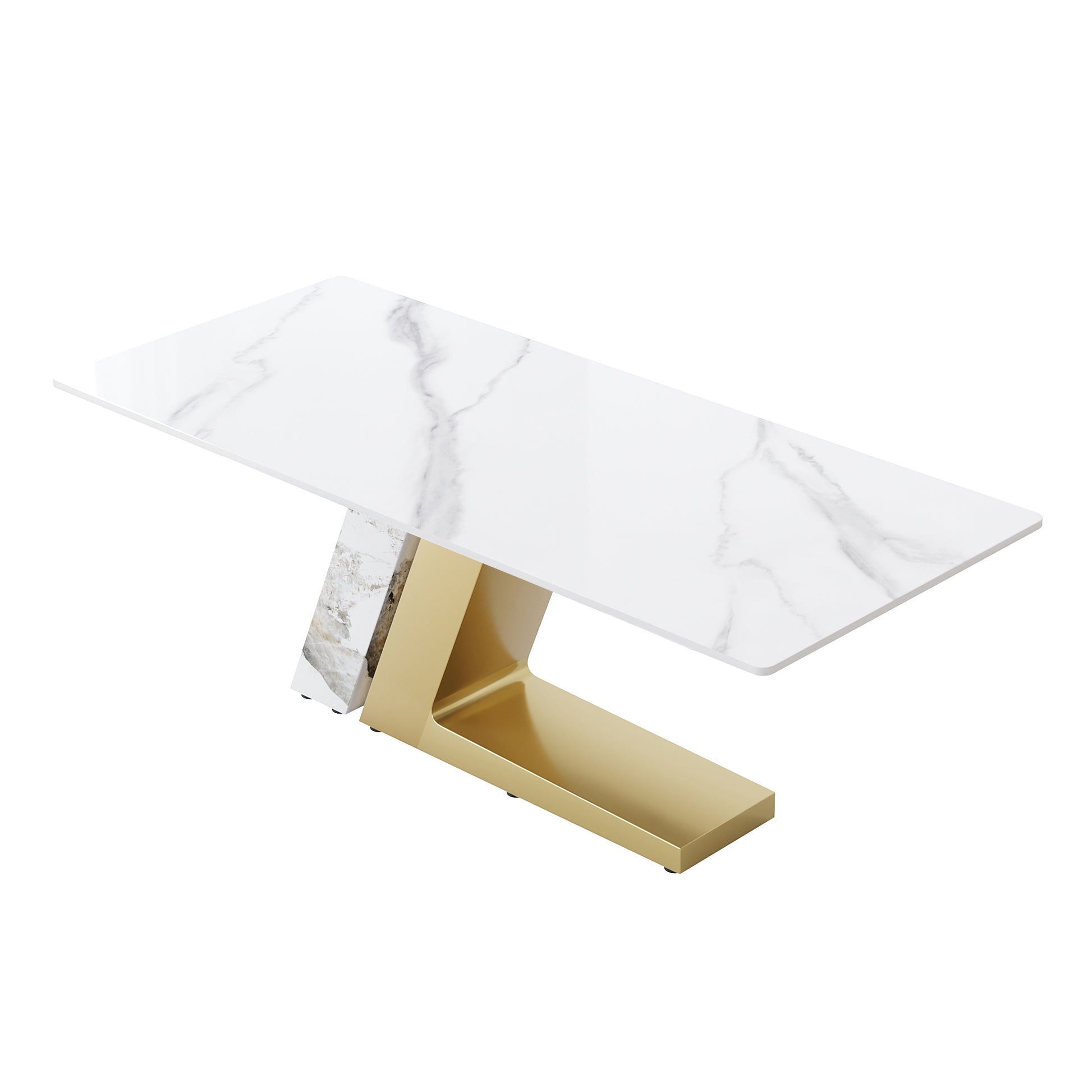 78.74"Modern Artificial Stone White Straight Panel, Golden White Metal Legs Can Accommodate 8 People. Not Including Chairs White Dining Room Metal Sintered Stone