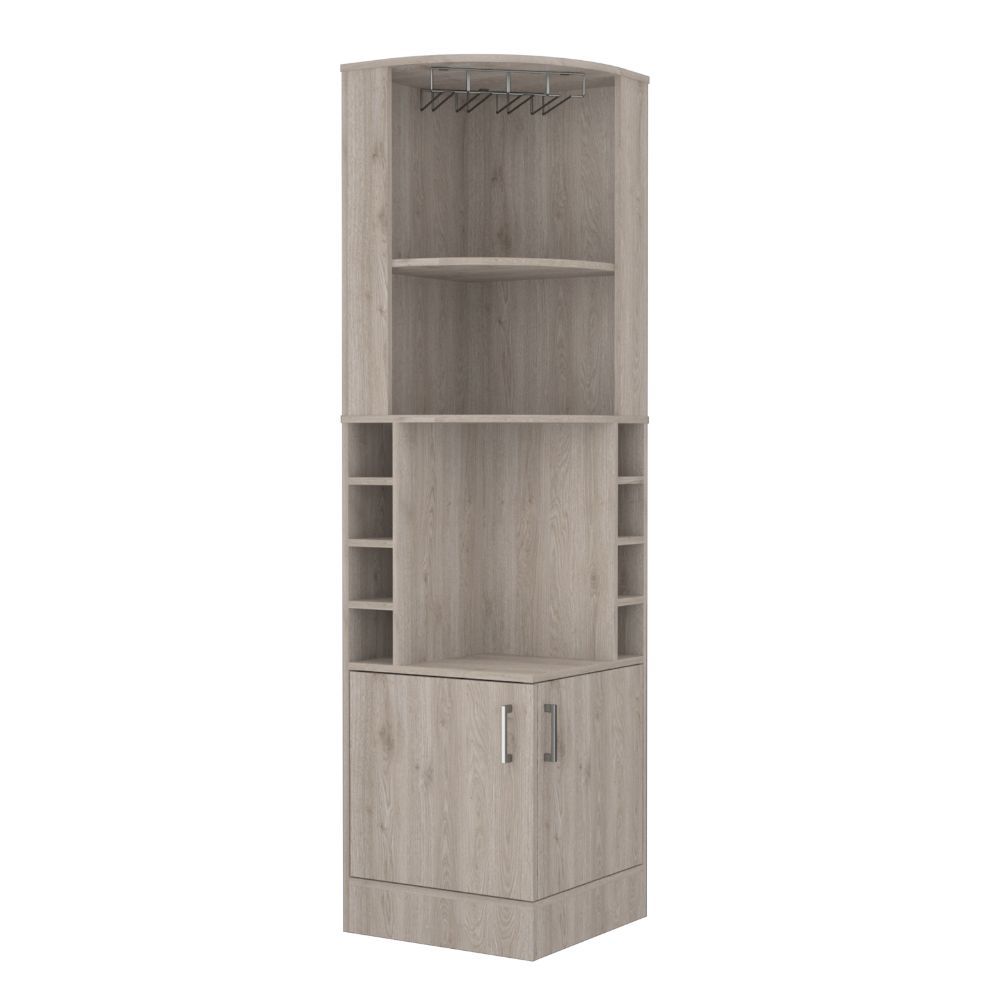 Syrah Corner Bar Cabinet, Eight Bottle Cubbies, Double Door, Two Open Shelves 1 2 Shelves Light Gray Gray Dining Room Open Storage Space Modern Particle Board