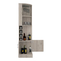 Syrah Corner Bar Cabinet, Eight Bottle Cubbies, Double Door, Two Open Shelves 1 2 Shelves Light Gray Gray Dining Room Open Storage Space Modern Particle Board