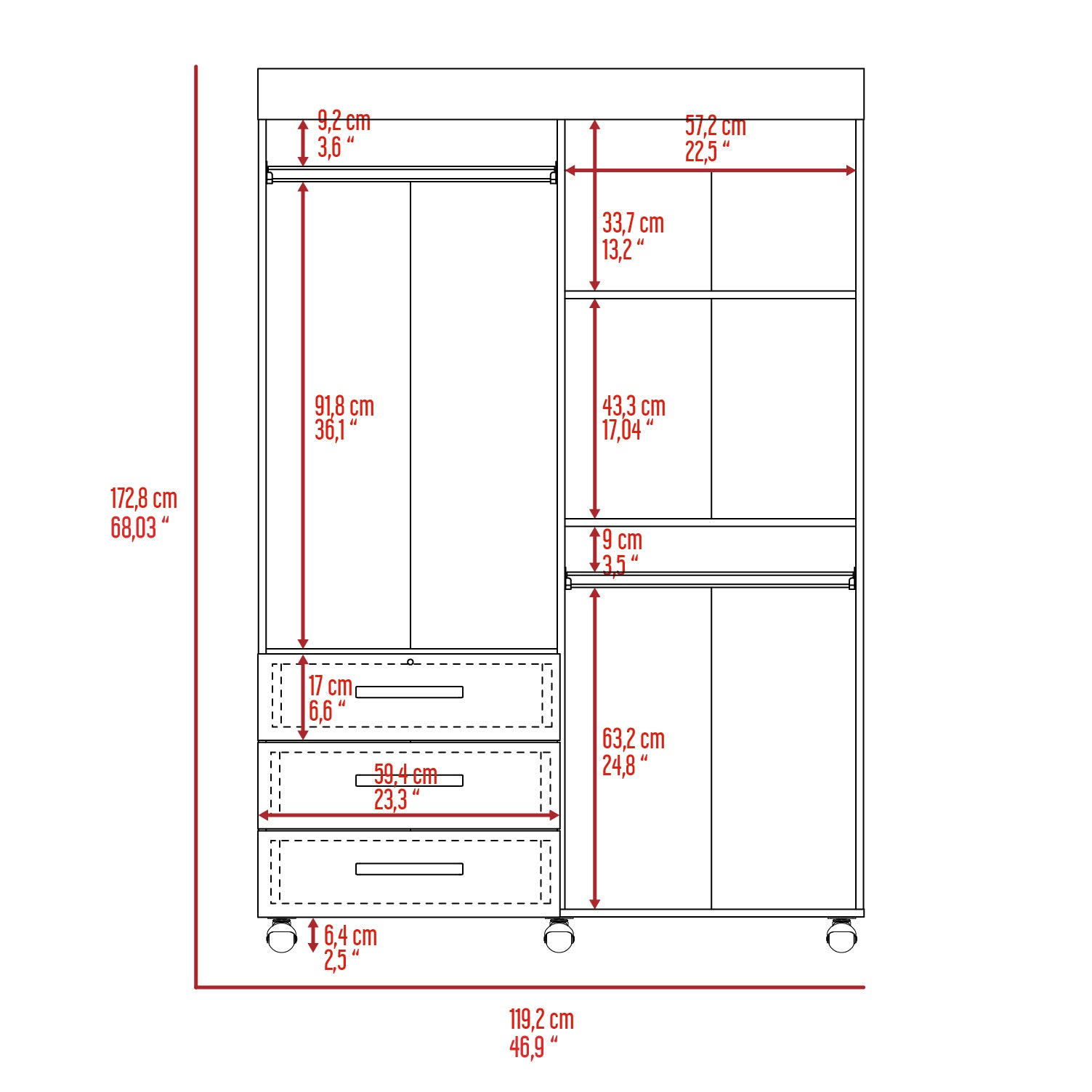 Denver Mobile Armoire, With Hanging Rods, Double Door Cabinet, Three Drawers, Two Shelves Black Black Particle Board