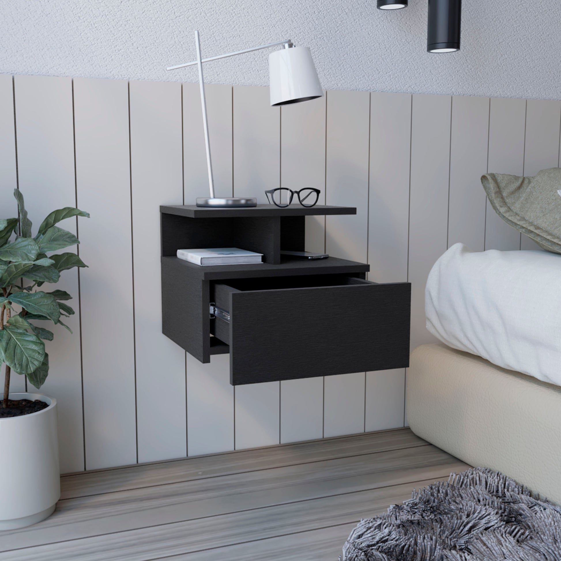 Adele Floating Nightstandend Table, Side Table Drawer, Open Top Shelves Black Black 1 Drawer Bedroom Floating Modern Shelf Particle Board Particle Board