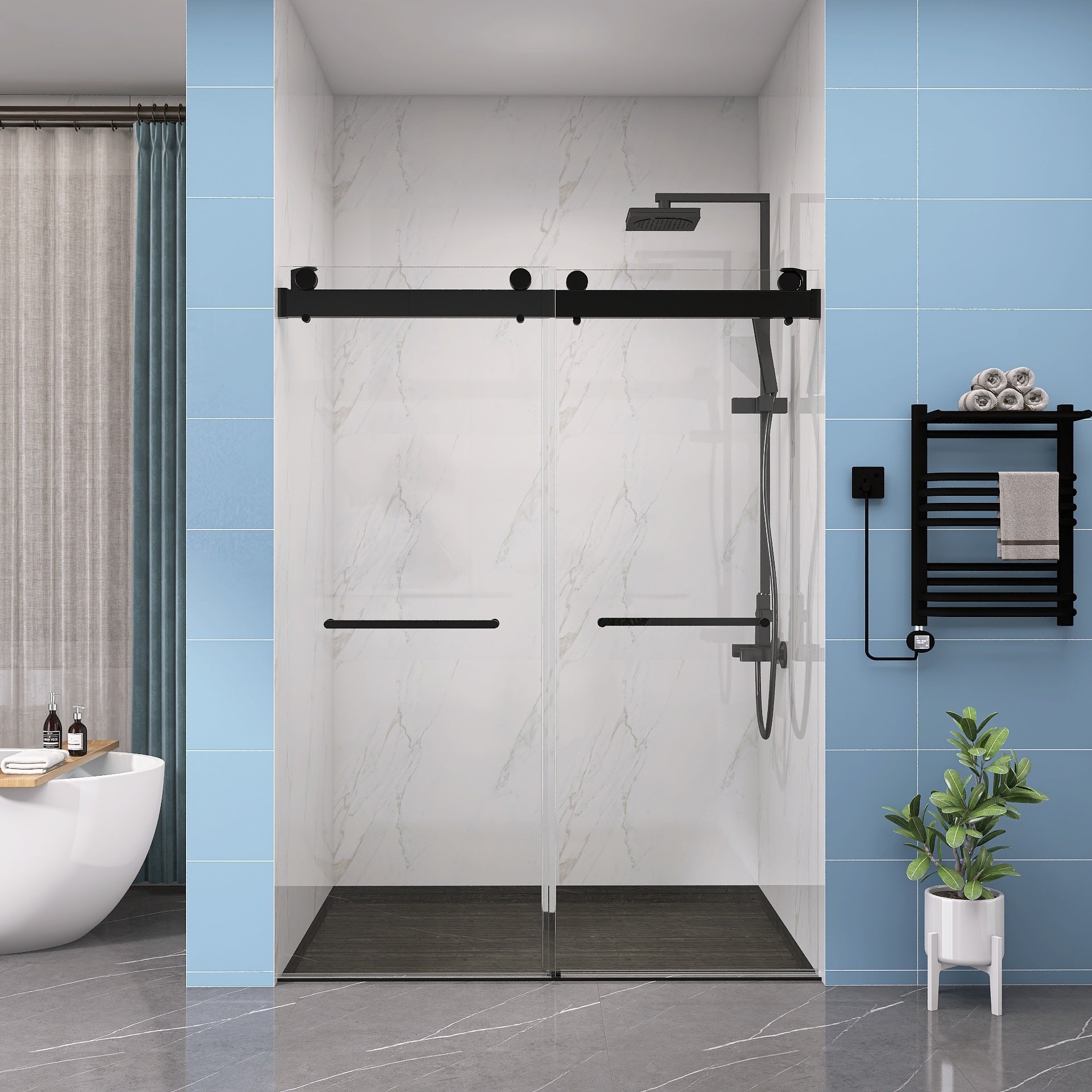 Frameless Double Sliding Shower, 57" 60" Width, 79" Height, 3 8" 10 Mm Clear Tempered Glass,Designed For Smooth Door Closing With Upgraded Crashproof System Technology Matte Black Finish Matte Black Glass