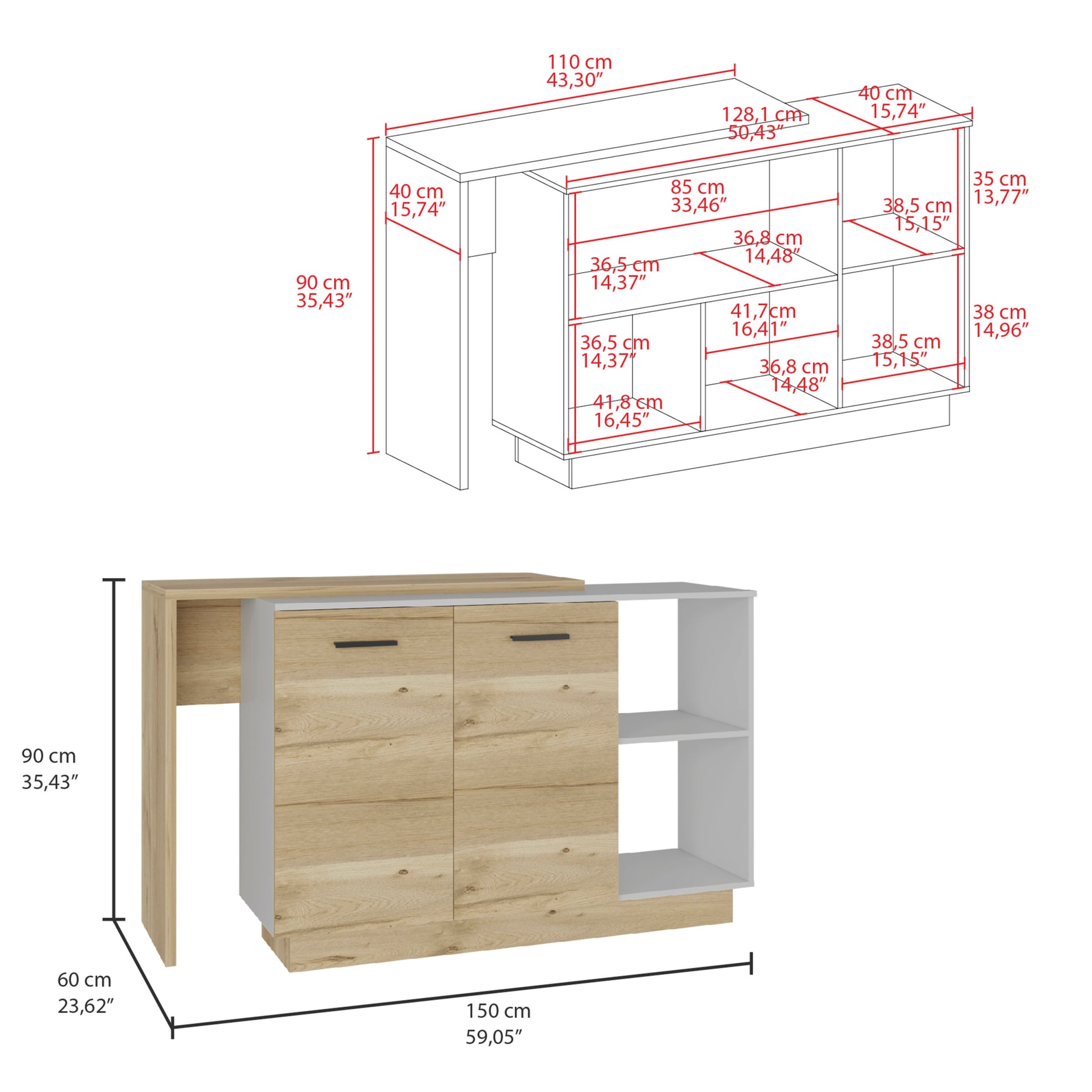 Sicilia Kitchen Island, Two External Shelves, Double Door Cabinets, Three Shelves White Light Oak White Kitchen Modern Rectangular Stationary Kitchen Islands Particle Board Particle Board Medium 40 55In