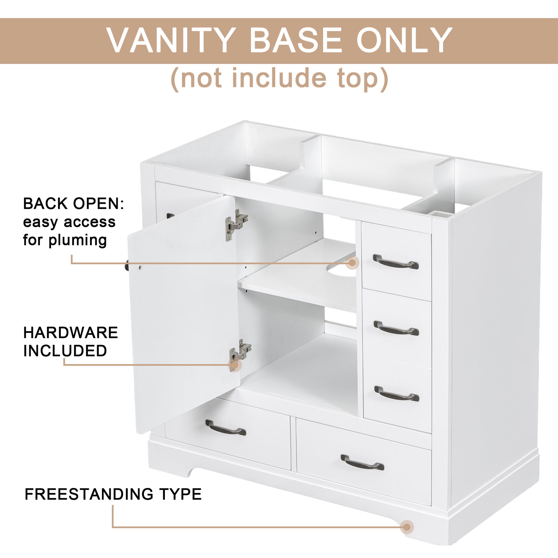 36" Bathroom Vanity Without Sink, Cabinet Base Only, Six Drawers, Multi Functional Drawer Divider, Adjustable Shelf, White White Solid Wood Mdf